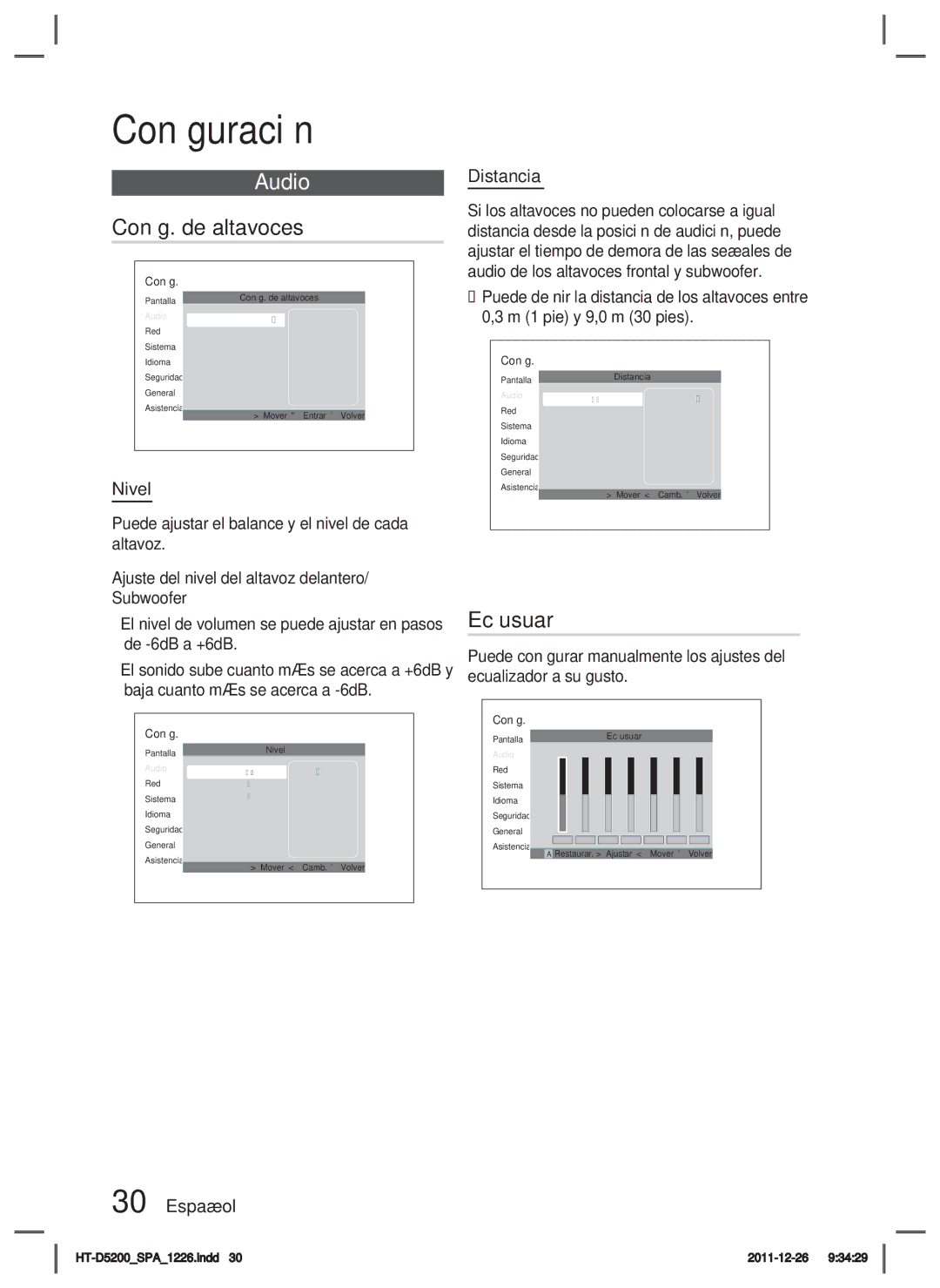 Samsung HT-D5200/ZF manual Conﬁg. de altavoces, Ec usuar, Distancia, Nivel 