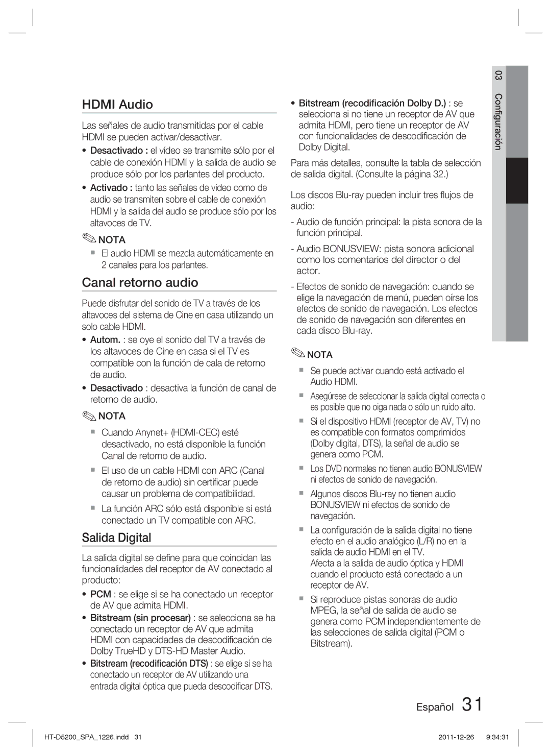 Samsung HT-D5200/ZF manual Canal retorno audio, Salida Digital, Dolby Digital 