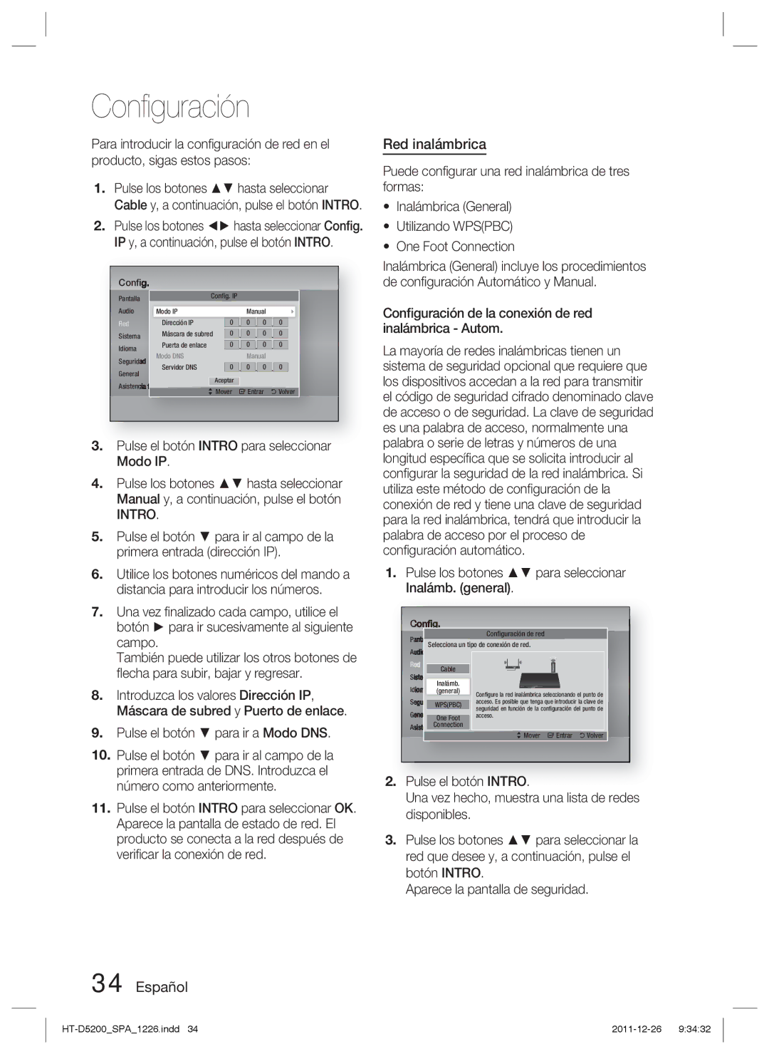 Samsung HT-D5200/ZF manual Red inalámbrica, Pulse el botón Intro para seleccionar Modo IP 