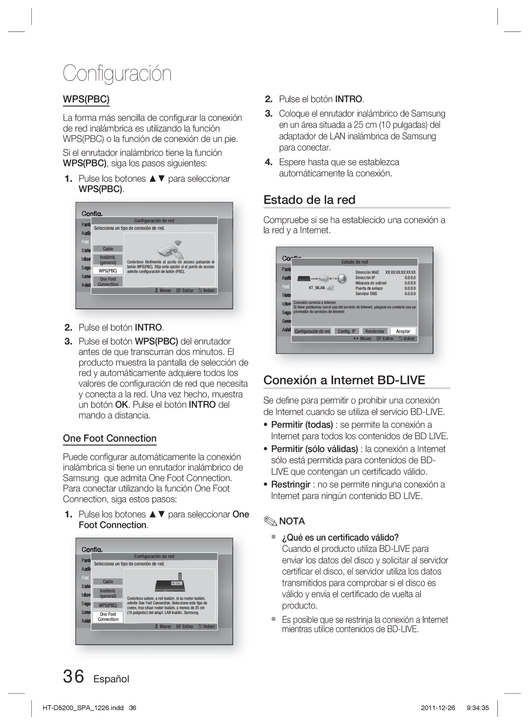 Samsung HT-D5200/ZF manual Estado de la red, Conexión a Internet BD-LIVE, Pulse los botones para seleccionar Wpspbc 