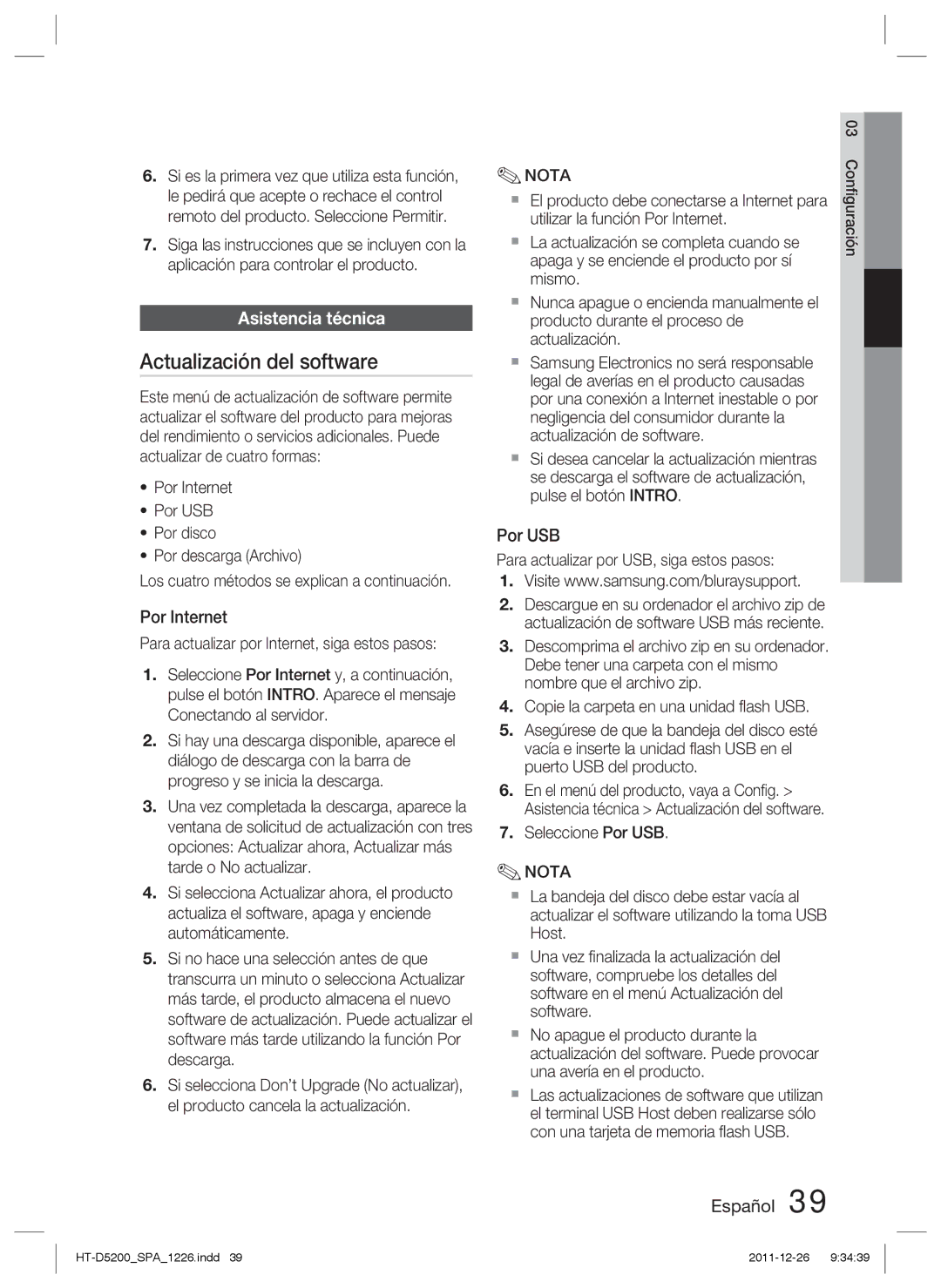 Samsung HT-D5200/ZF manual Actualización del software, Asistencia técnica, Por Internet, Por USB 