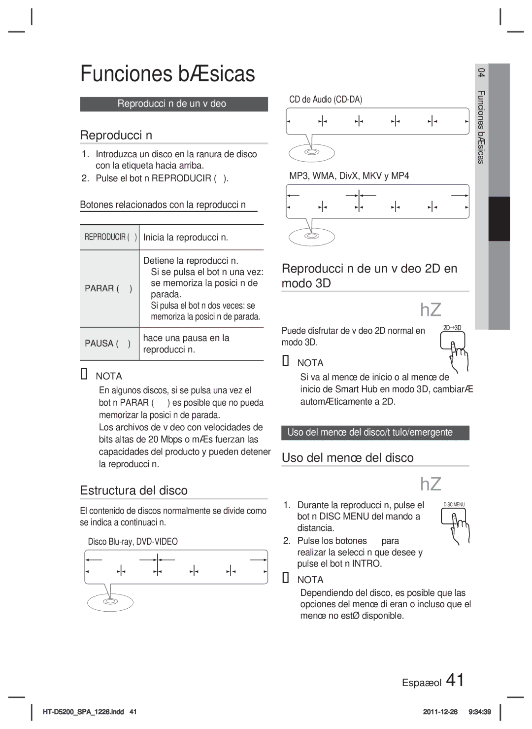 Samsung HT-D5200/ZF manual Funciones básicas, Estructura del disco, Reproducción de un vídeo 2D en modo 3D 