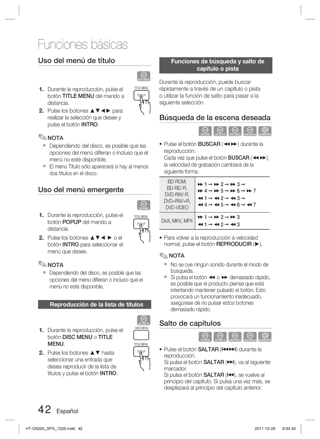 Samsung HT-D5200/ZF Uso del menú de título, Búsqueda de la escena deseada, Uso del menú emergente, Salto de capítulos 