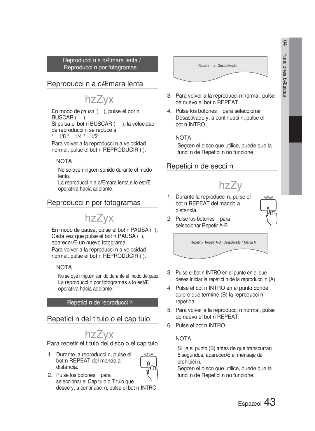 Samsung HT-D5200/ZF manual Reproducción a cámara lenta, Reproducción por fotogramas, Repetición del título o el capítulo 