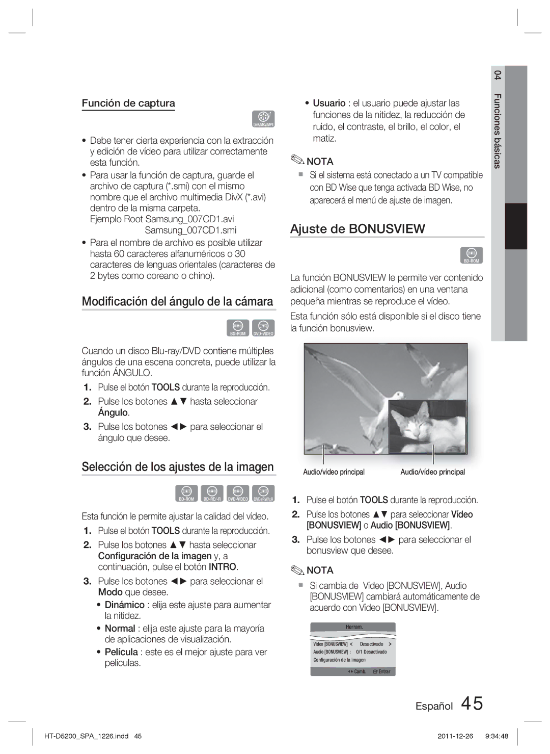 Samsung HT-D5200/ZF manual Modiﬁcación del ángulo de la cámara, Ajuste de Bonusview, Función de captura 