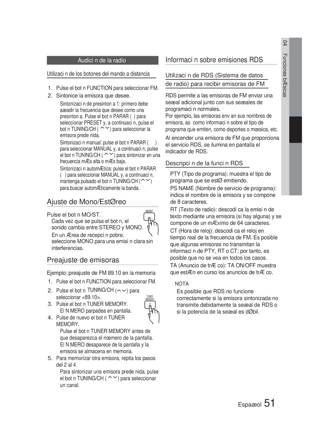 Samsung HT-D5200/ZF Ajuste de Mono/Estéreo, Preajuste de emisoras, Información sobre emisiones RDS, Audición de la radio 