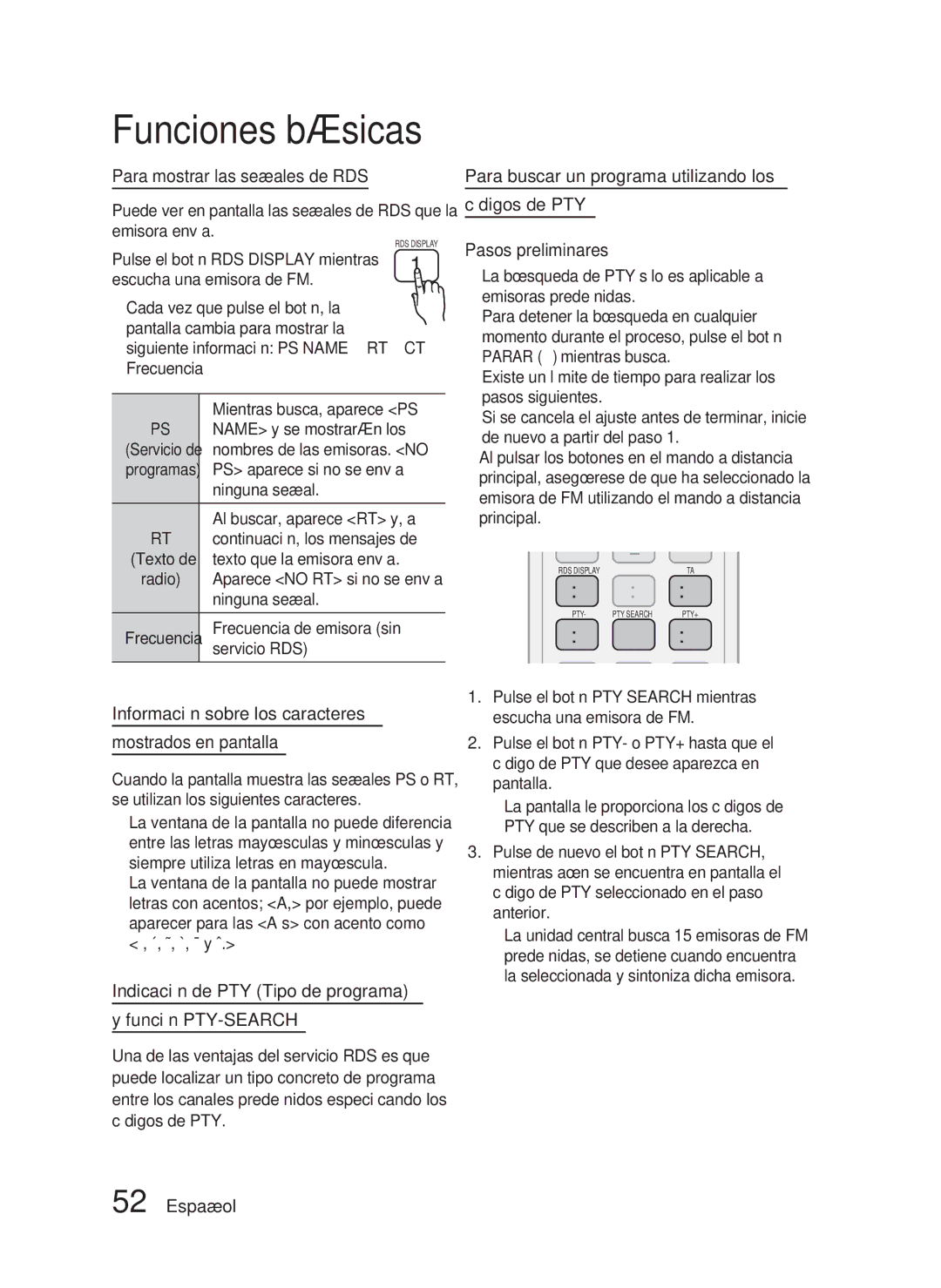 Samsung HT-D5200/ZF manual Para mostrar las señales de RDS, Información sobre los caracteres Mostrados en pantalla 