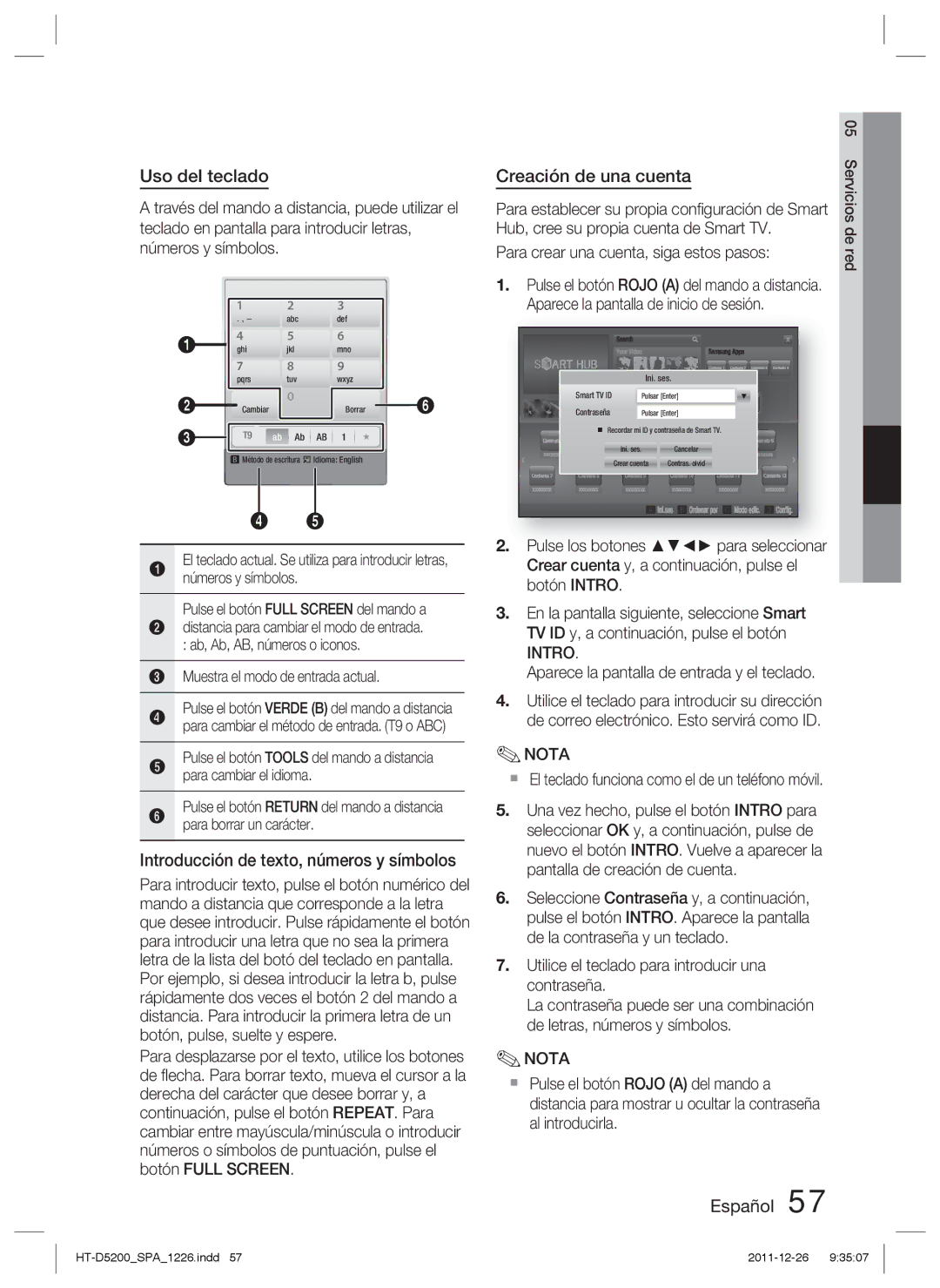 Samsung HT-D5200/ZF manual Uso del teclado, Introducción de texto, números y símbolos, Creación de una cuenta 