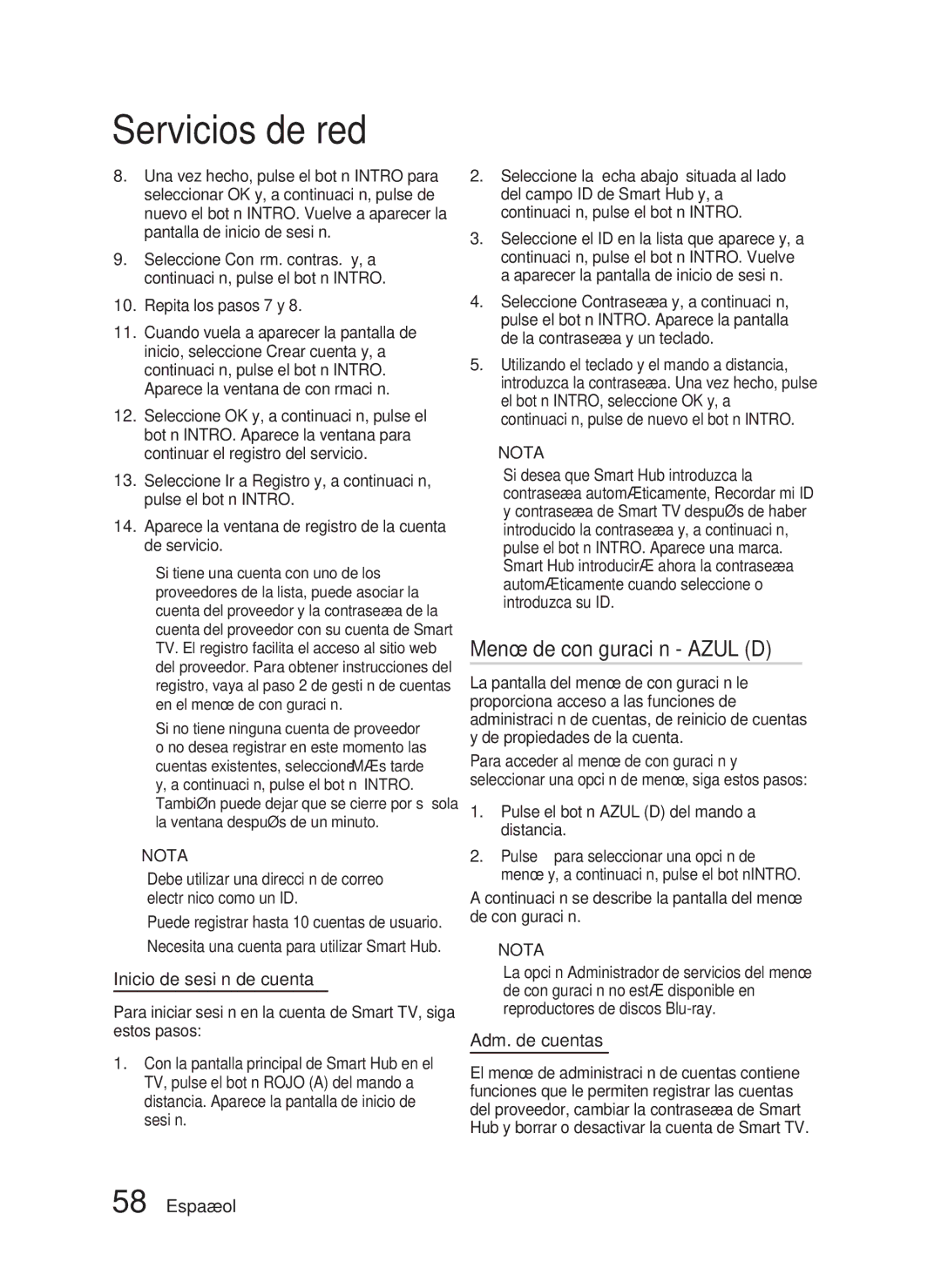 Samsung HT-D5200/ZF manual Menú de conﬁguración Azul D, Inicio de sesión de cuenta, Adm. de cuentas 