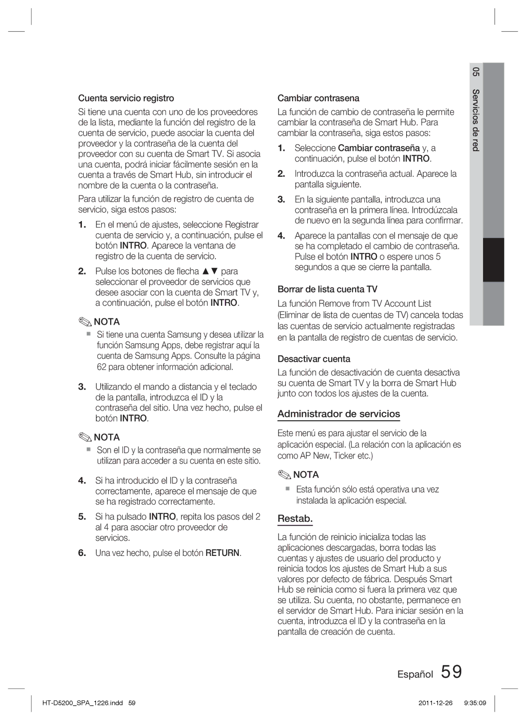 Samsung HT-D5200/ZF manual Administrador de servicios, Restab 