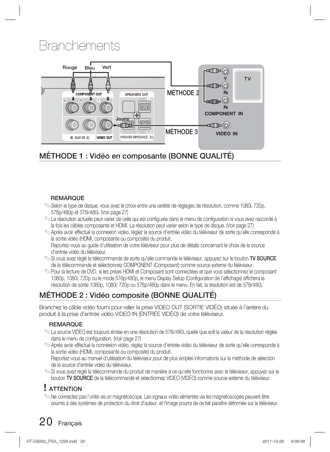 Samsung HT-D5200/ZF Méthode 1 Vidéo en composante Bonne Qualité, Méthode 2 Vidéo composite Bonne Qualité, Rouge Bleu Vert 