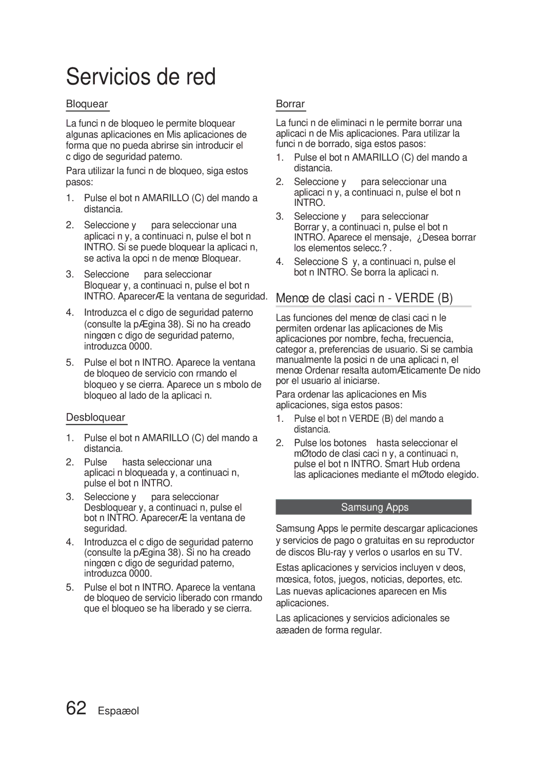 Samsung HT-D5200/ZF manual Menú de clasiﬁcación Verde B, Bloquear, Desbloquear, Borrar 