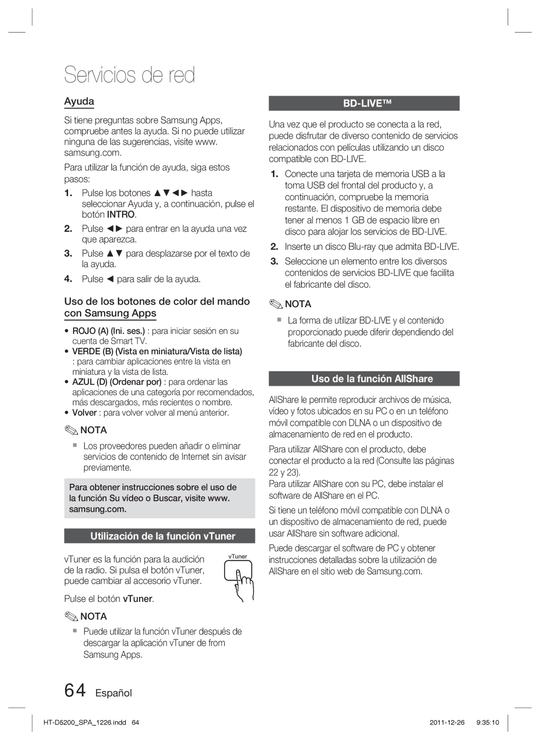 Samsung HT-D5200/ZF manual Ayuda, Uso de los botones de color del mando con Samsung Apps, Utilización de la función vTuner 