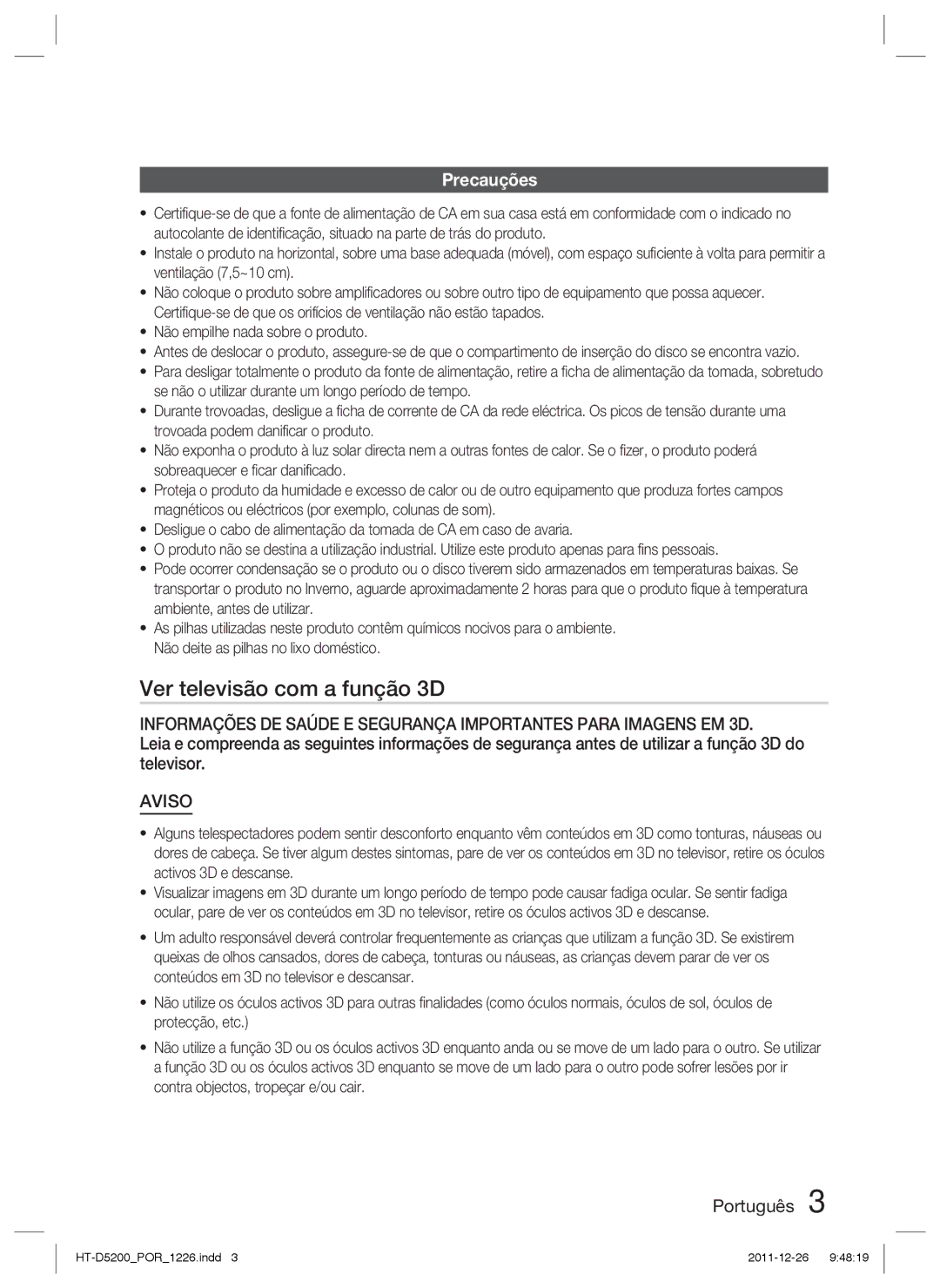 Samsung HT-D5200/ZF manual Ver televisão com a função 3D, Precauções 