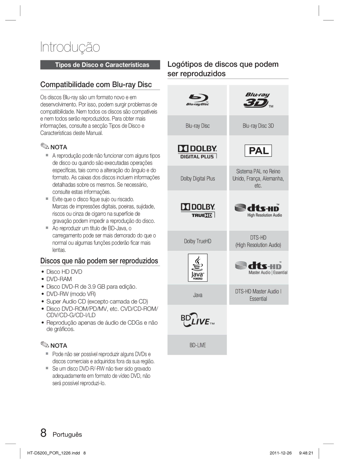 Samsung HT-D5200/ZF manual Compatibilidade com Blu-ray Disc, Logótipos de discos que podem ser reproduzidos 