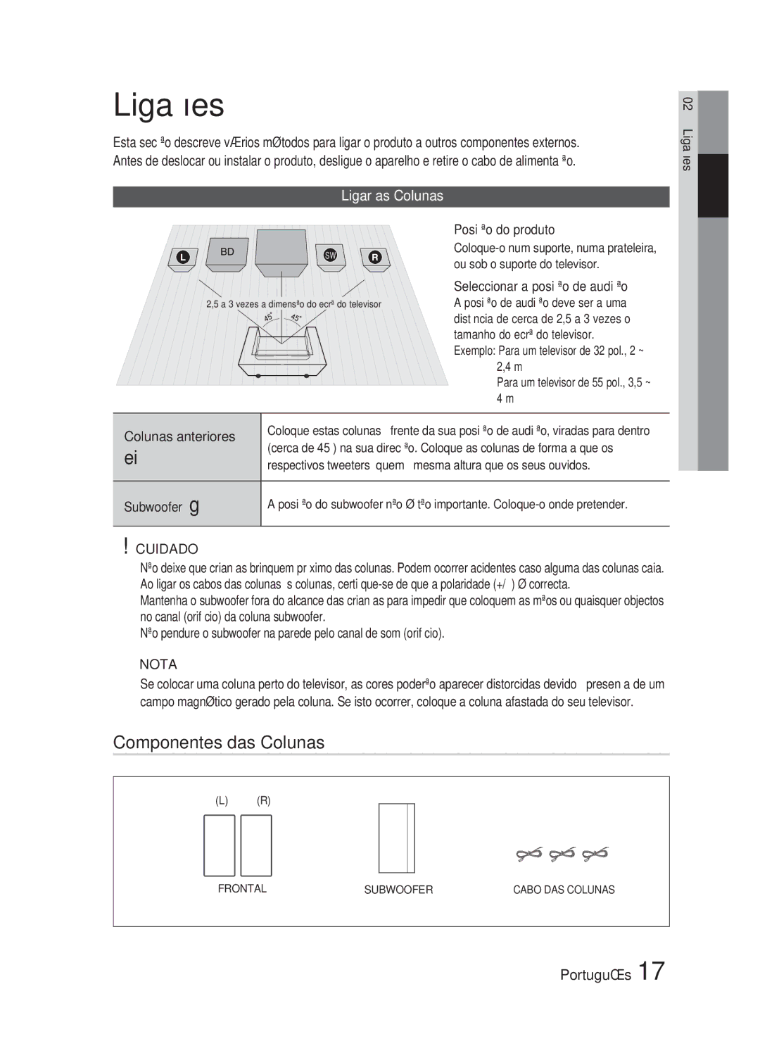 Samsung HT-D5200/ZF manual Ligações, Componentes das Colunas, Ligar as Colunas 