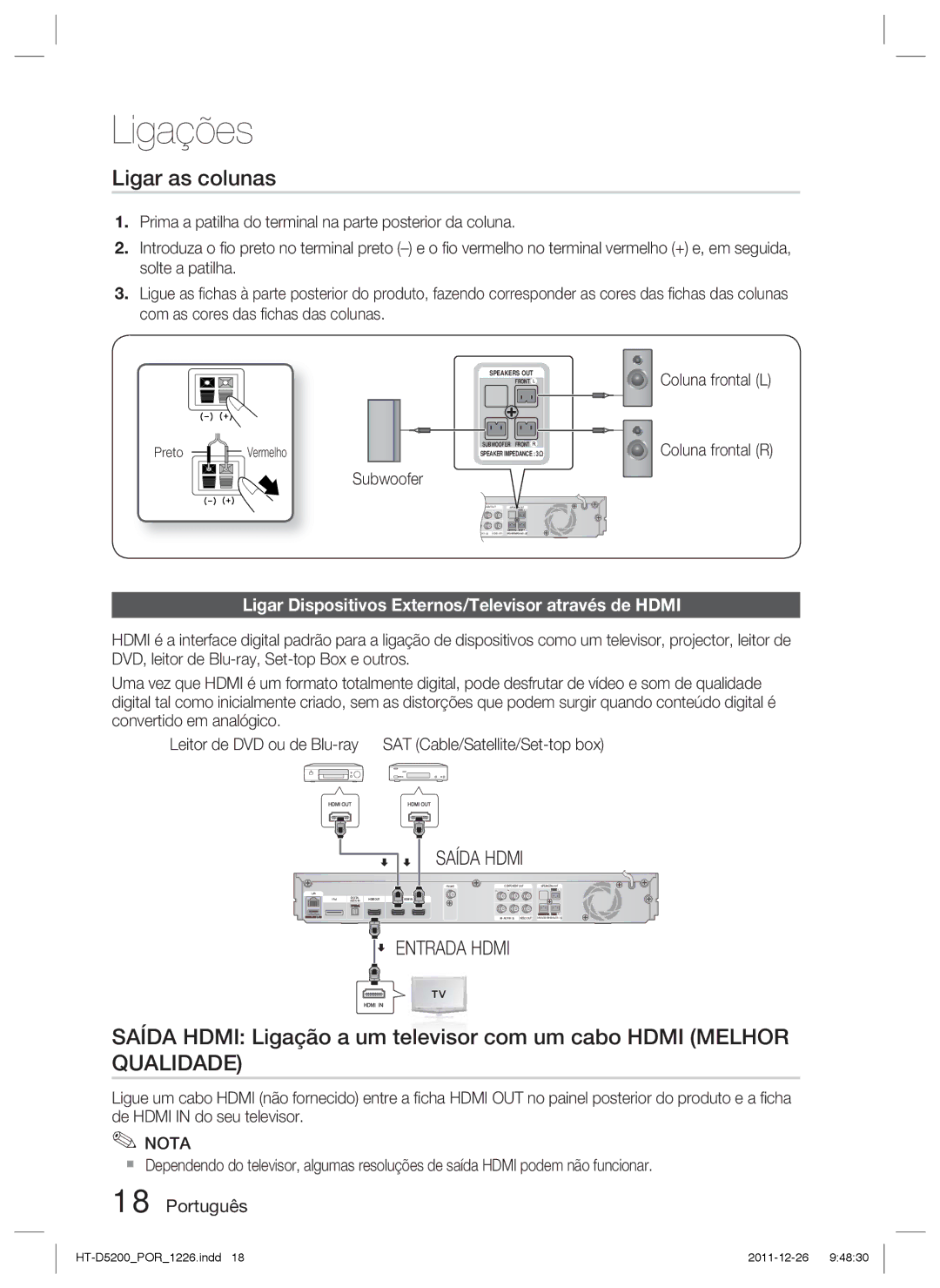 Samsung HT-D5200/ZF manual Ligar as colunas, Ligar Dispositivos Externos/Televisor através de Hdmi, Preto Vermelho 