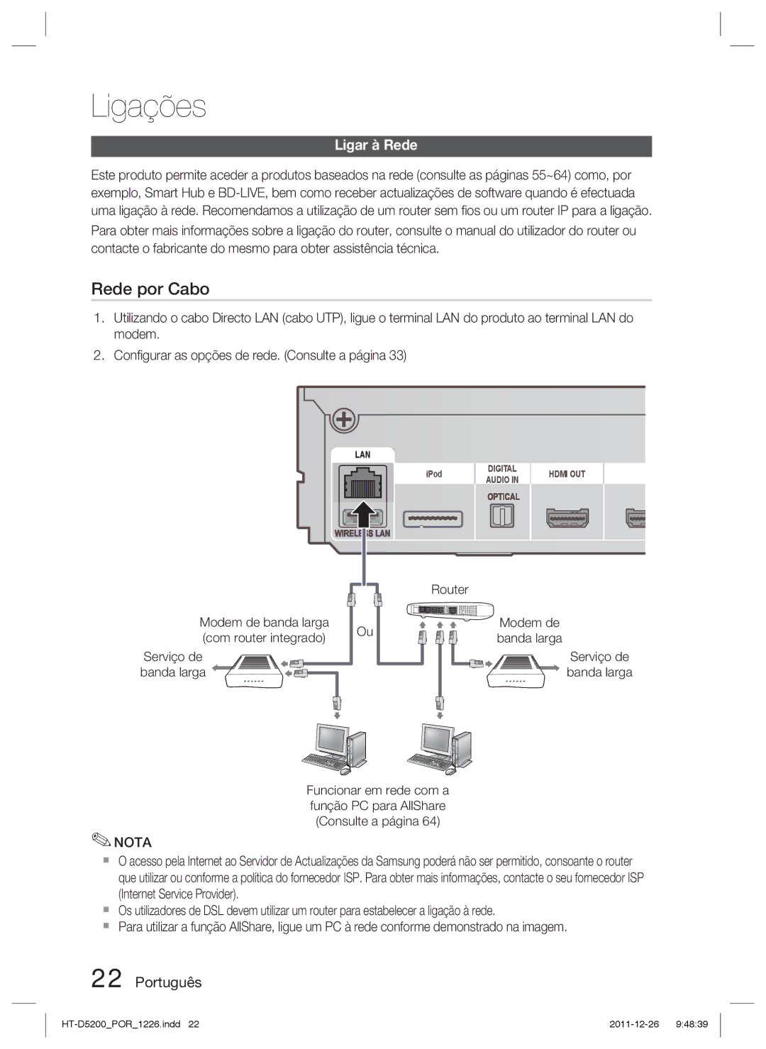 Samsung HT-D5200/ZF manual Ligar à Rede, Serviço de Banda larga, Router Modem de banda larga Serviço de banda larga 