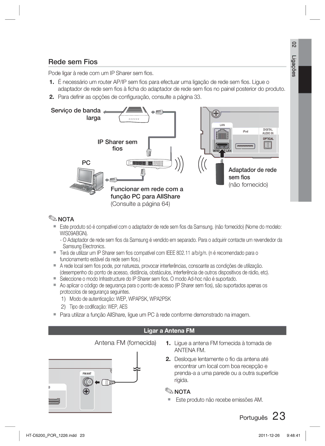 Samsung HT-D5200/ZF manual Adaptador de rede sem ﬁos Não fornecido, Ligar a Antena FM 