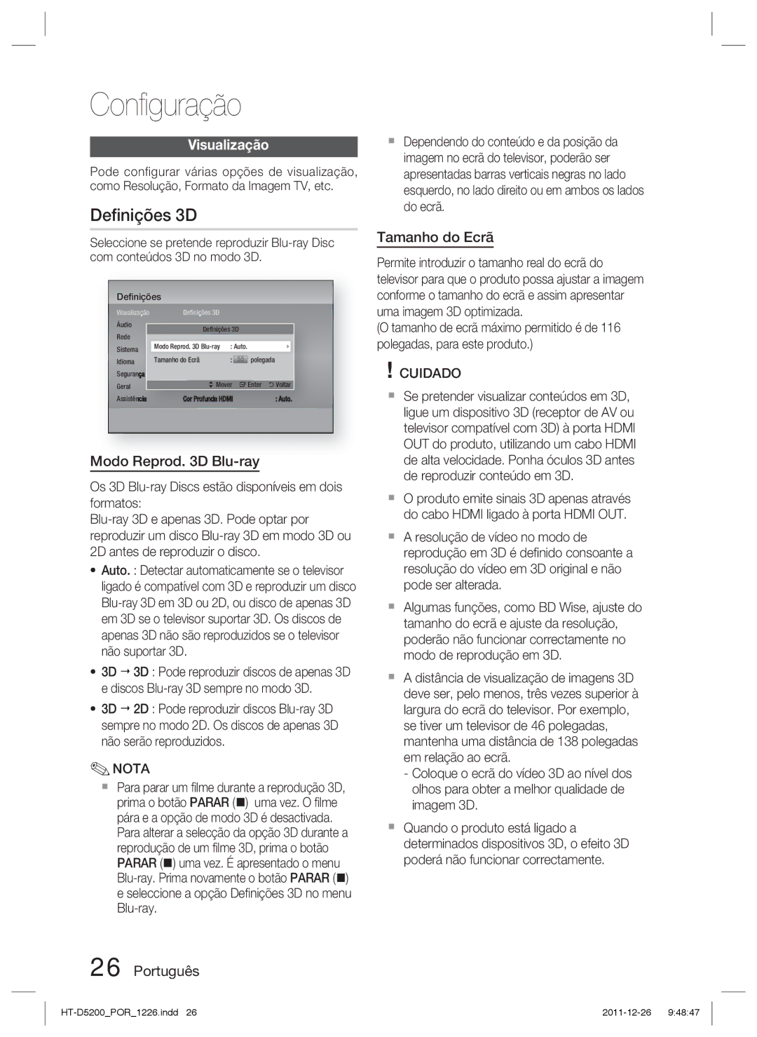 Samsung HT-D5200/ZF manual Deﬁnições 3D, Visualização, Modo Reprod D Blu-ray, Tamanho do Ecrã 