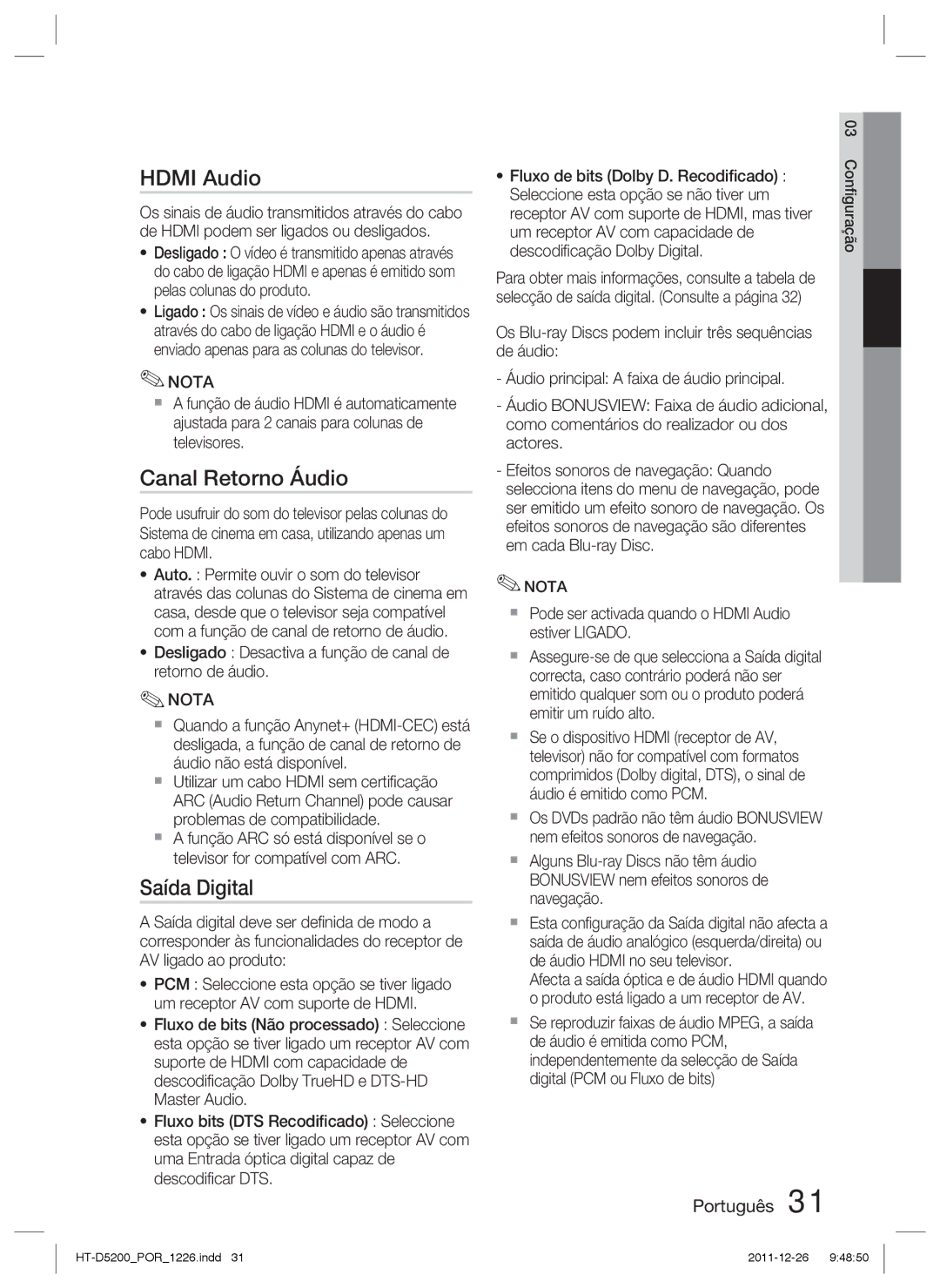 Samsung HT-D5200/ZF manual Canal Retorno Áudio, Saída Digital, Desligado Desactiva a função de canal de retorno de áudio 