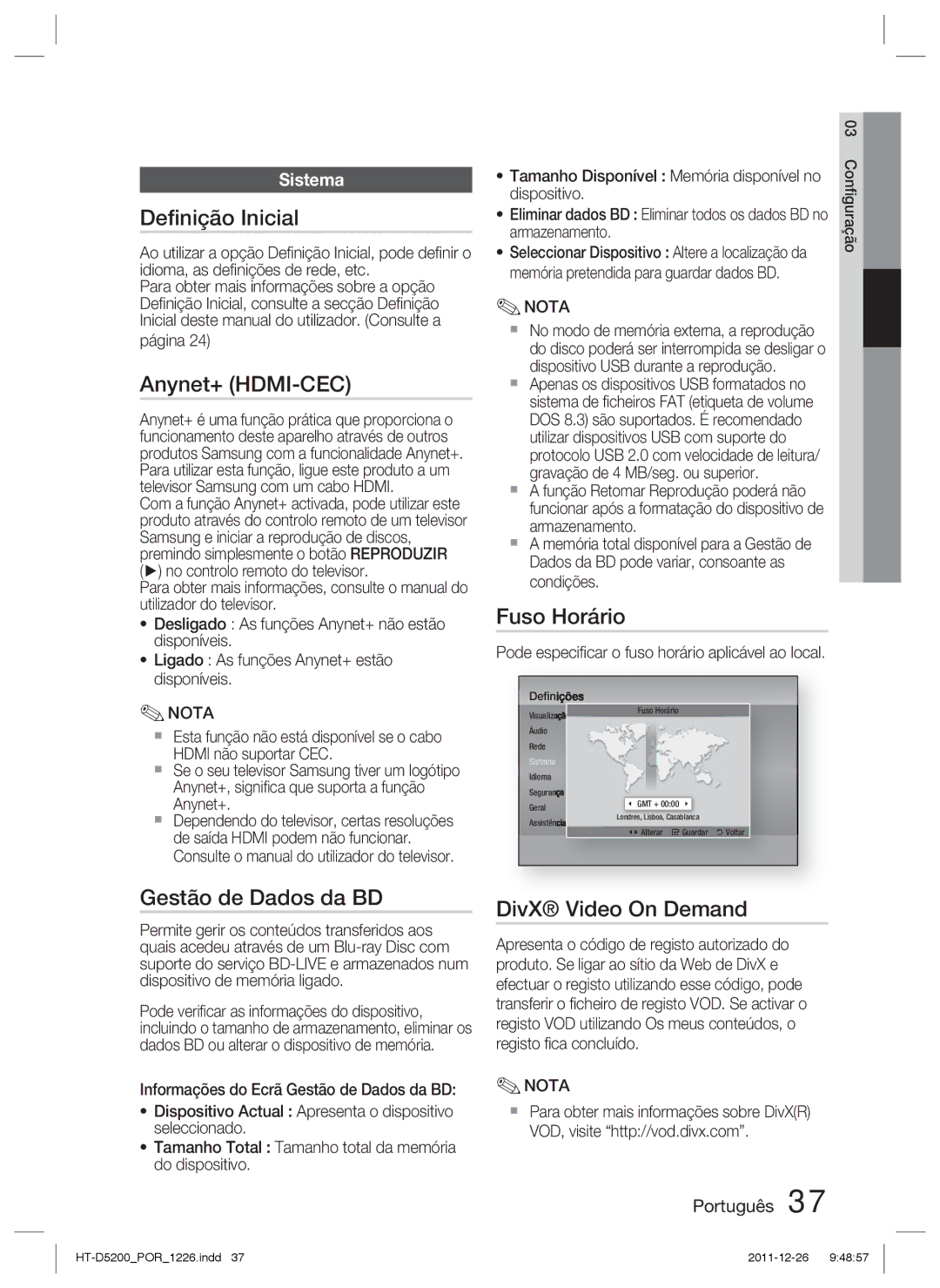 Samsung HT-D5200/ZF manual Deﬁnição Inicial, Gestão de Dados da BD, Fuso Horário, Página 