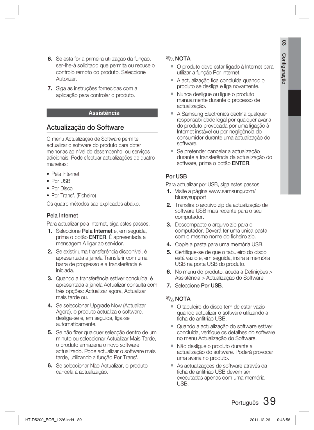 Samsung HT-D5200/ZF Actualização do Software, Assistência, Pela Internet, Para actualizar pela Internet, siga estes passos 