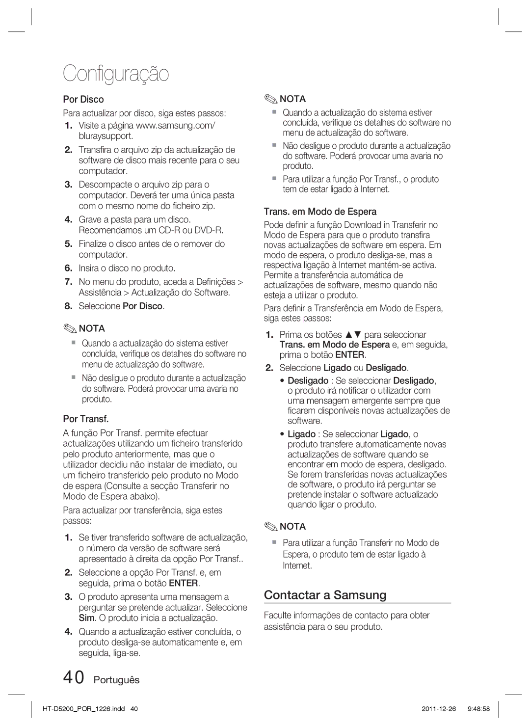 Samsung HT-D5200/ZF manual Contactar a Samsung, Por Transf, Trans. em Modo de Espera 