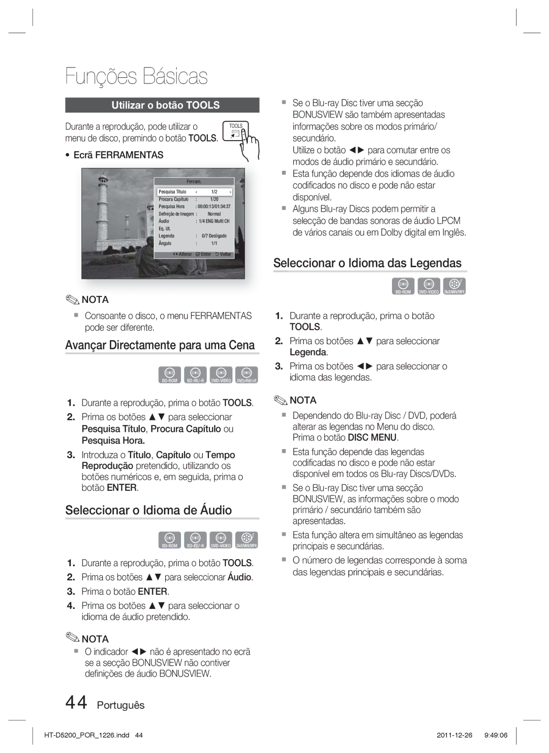 Samsung HT-D5200/ZF Seleccionar o Idioma de Áudio, Seleccionar o Idioma das Legendas, Avançar Directamente para uma Cena 