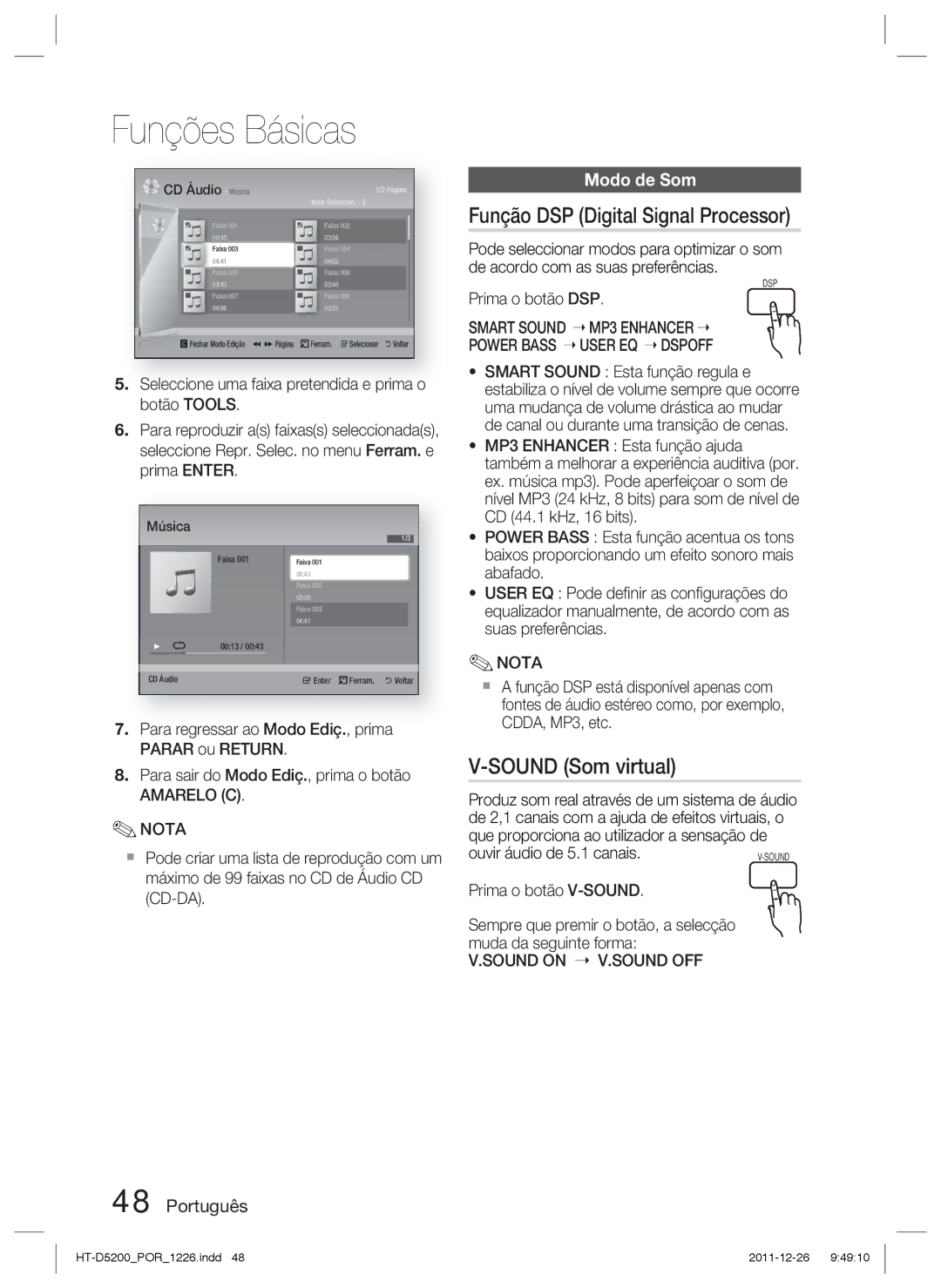 Samsung HT-D5200/ZF manual Função DSP Digital Signal Processor, Sound Som virtual, Modo de Som, Prima o botão DSP 