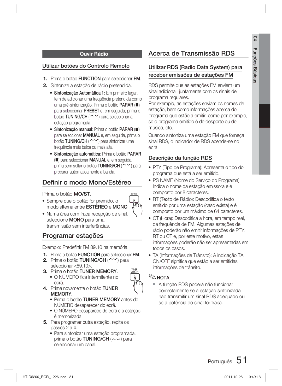 Samsung HT-D5200/ZF manual Deﬁnir o modo Mono/Estéreo, Programar estações, Acerca de Transmissão RDS, Ouvir Rádio 