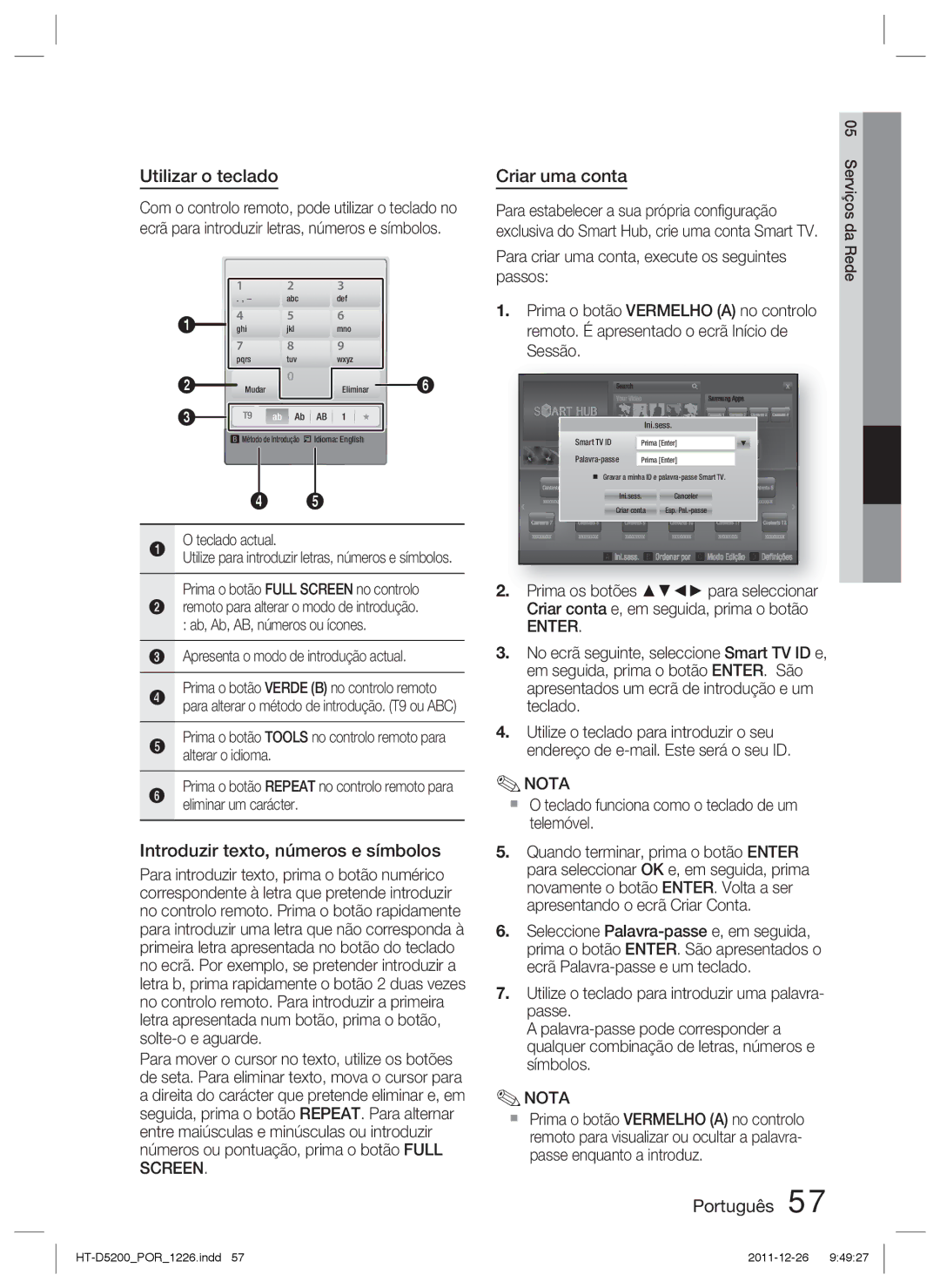 Samsung HT-D5200/ZF manual Utilizar o teclado, Introduzir texto, números e símbolos, Criar uma conta, Teclado actual 