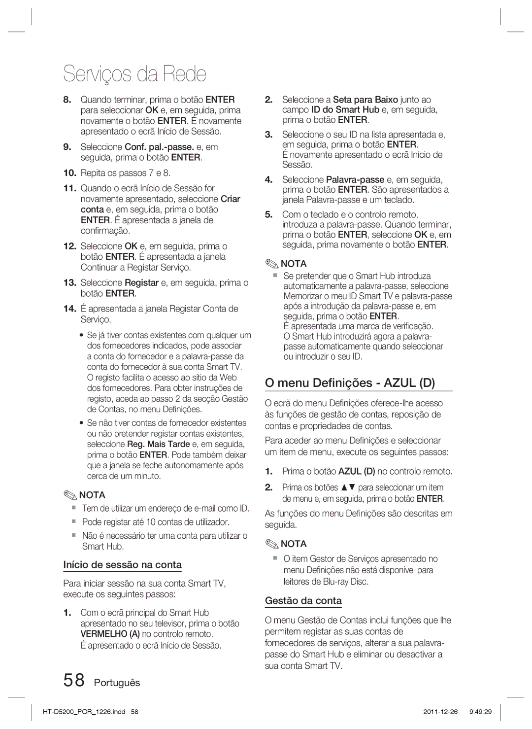 Samsung HT-D5200/ZF manual Menu Deﬁnições Azul D, Início de sessão na conta, Gestão da conta 