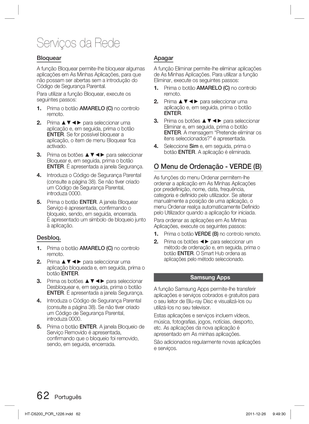 Samsung HT-D5200/ZF manual Menu de Ordenação Verde B, Desbloq, Apagar 