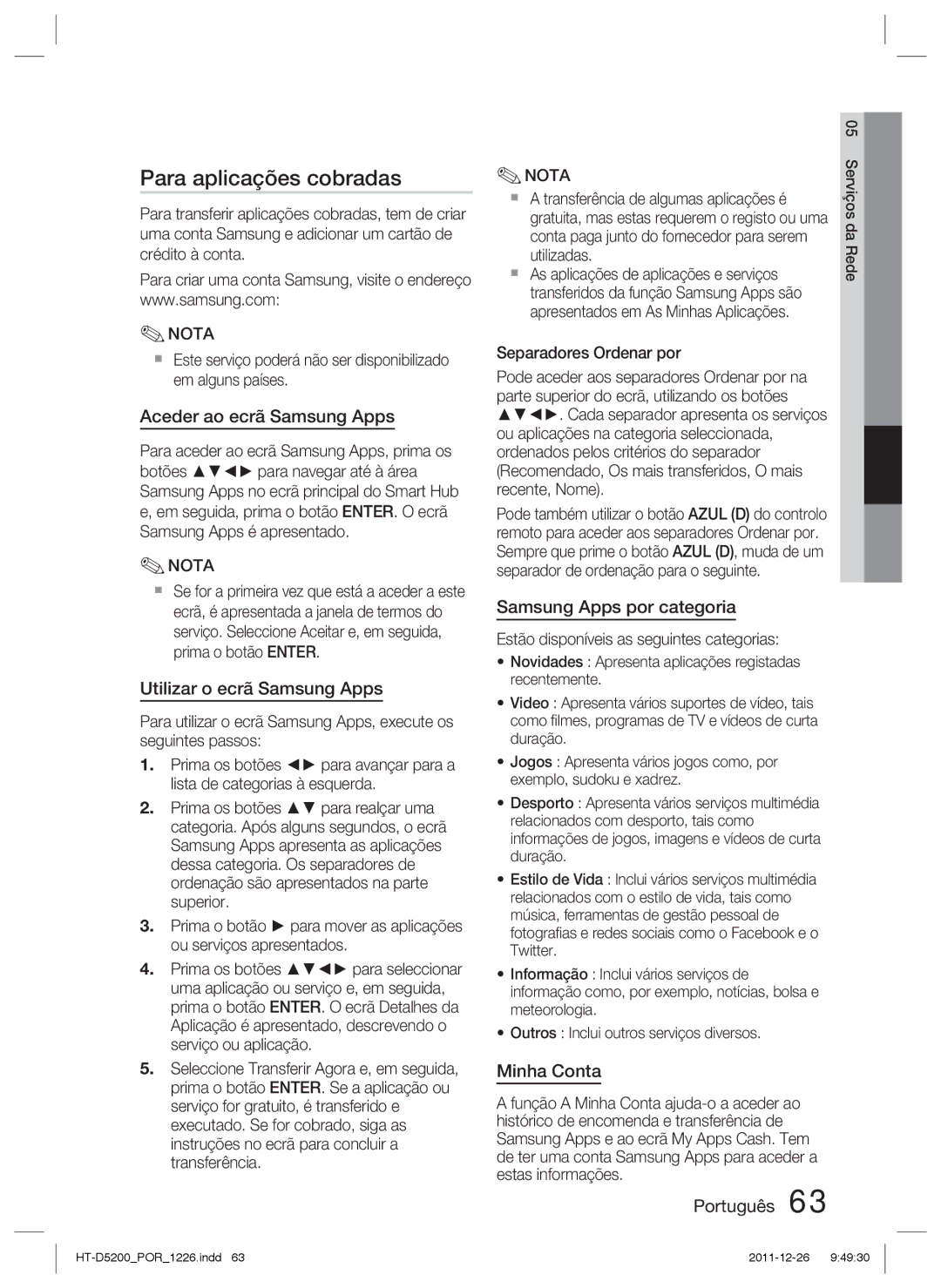 Samsung HT-D5200/ZF manual Para aplicações cobradas, Aceder ao ecrã Samsung Apps, Utilizar o ecrã Samsung Apps, Minha Conta 