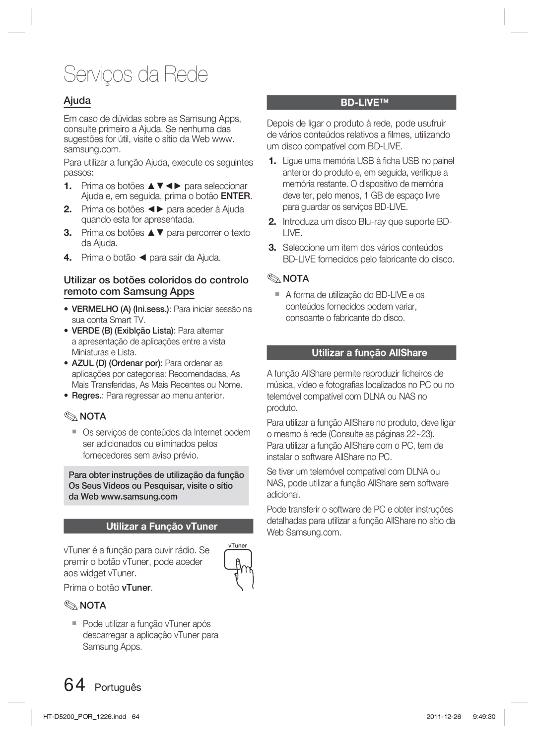 Samsung HT-D5200/ZF manual Ajuda, Utilizar a Função vTuner, Utilizar a função AllShare 