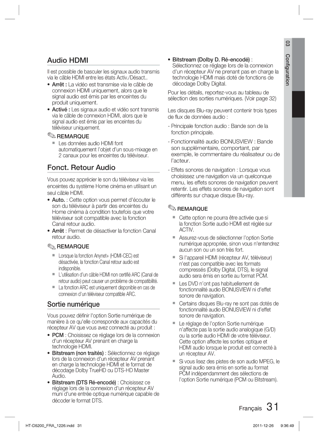 Samsung HT-D5200/ZF manual Audio Hdmi, Fonct. Retour Audio, Sortie numérique, Activ 