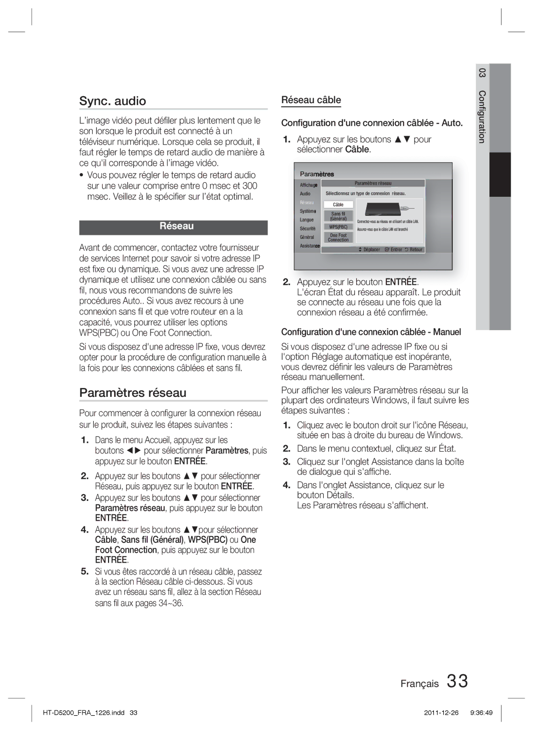 Samsung HT-D5200/ZF manual Sync. audio, Paramètres réseau, Réseau câble, Entrée 