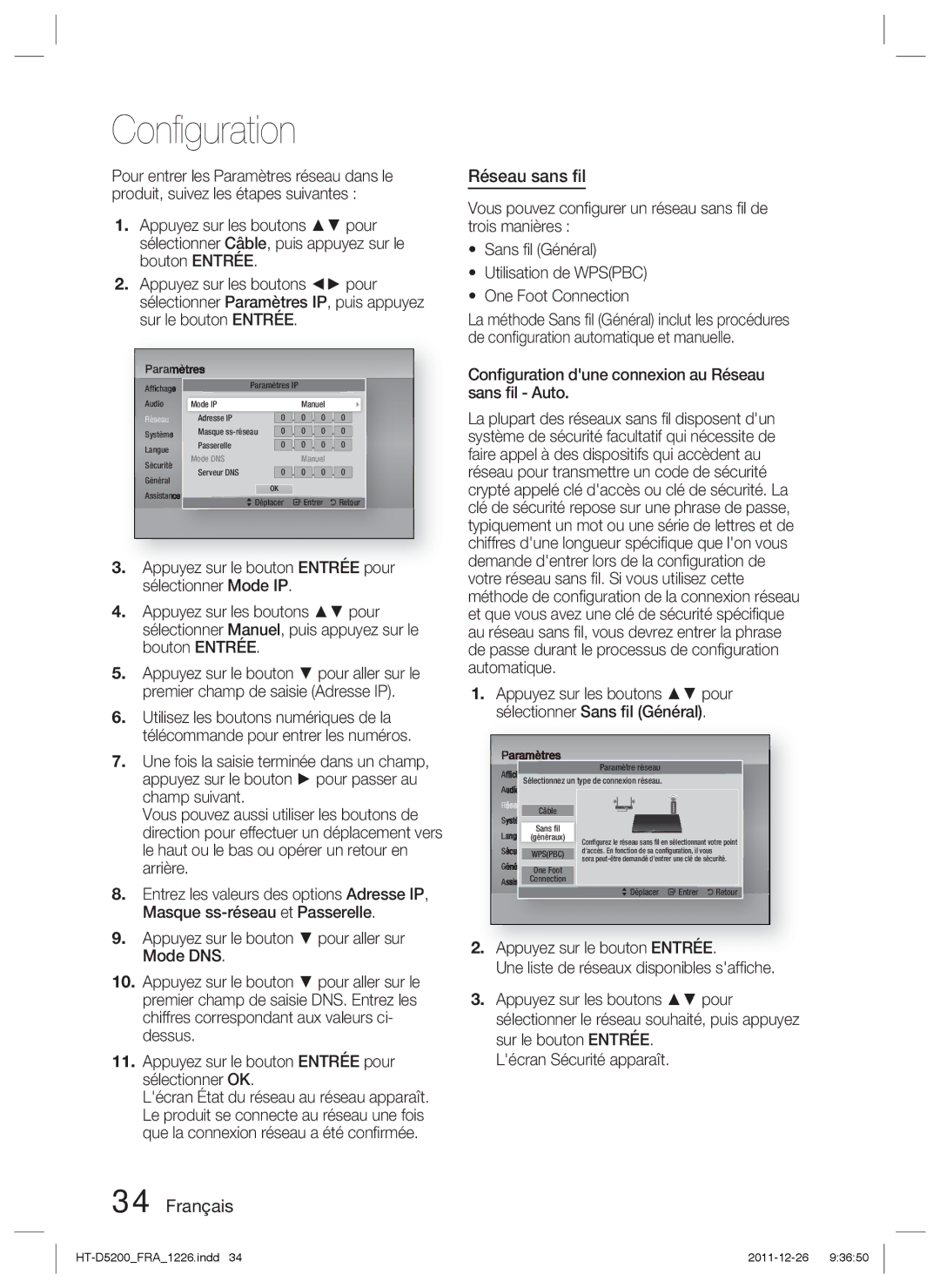 Samsung HT-D5200/ZF manual Français Réseau sans ﬁl, Appuyez sur les boutons pour sélectionner Sans ﬁl Général 