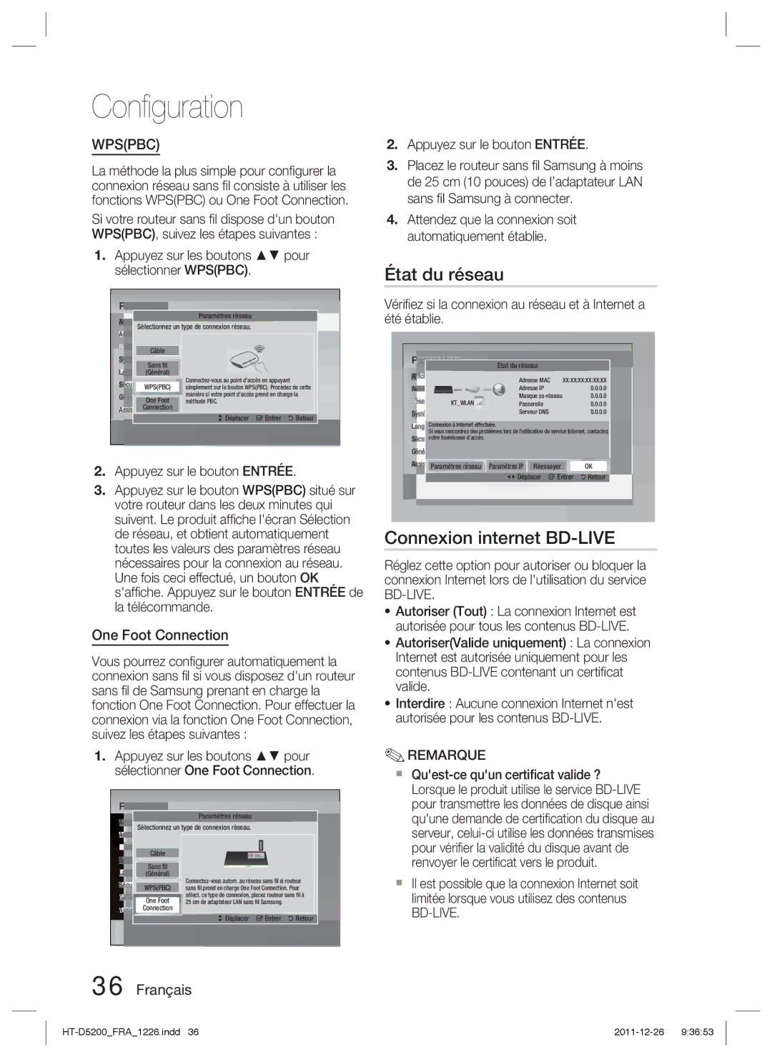 Samsung HT-D5200/ZF manual État du réseau, Connexion internet BD-LIVE, One Foot Connection 