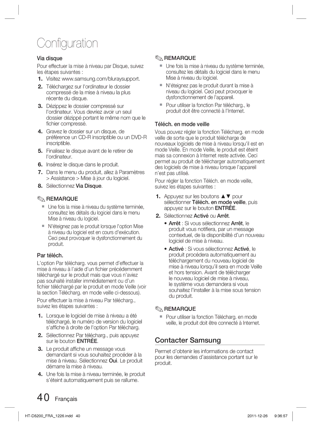 Samsung HT-D5200/ZF manual Contacter Samsung, Via disque, Par téléch, Téléch. en mode veille, Sélectionnez Via Disque 