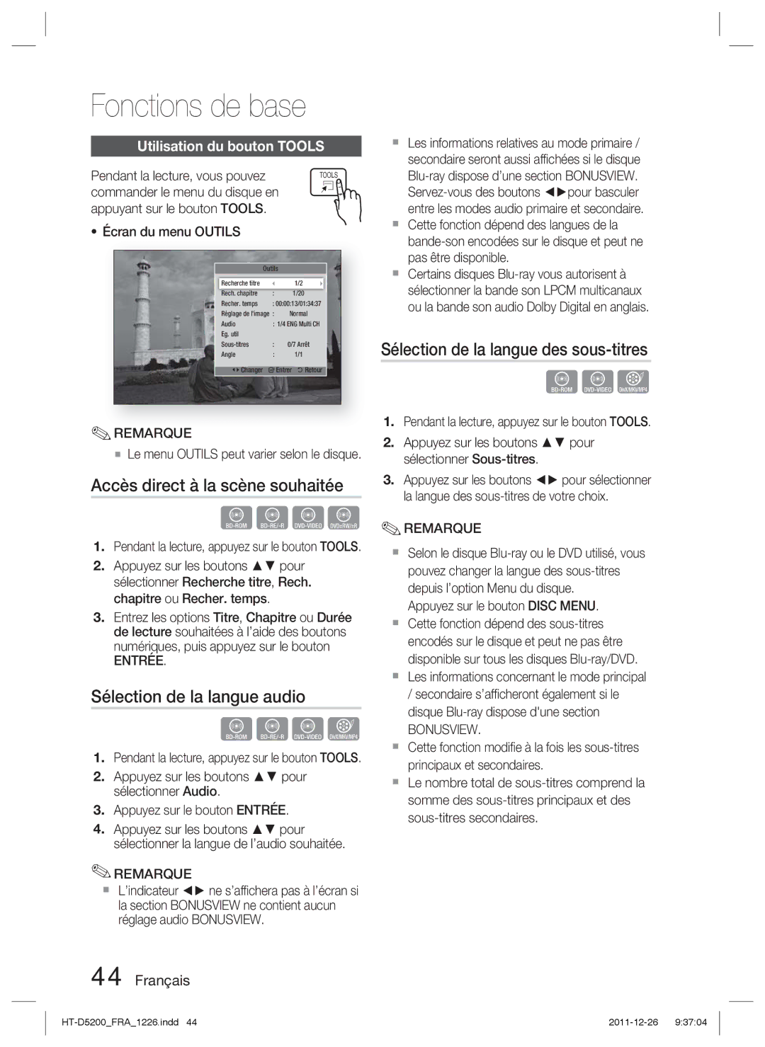 Samsung HT-D5200/ZF manual Accès direct à la scène souhaitée, Sélection de la langue audio, Utilisation du bouton Tools 