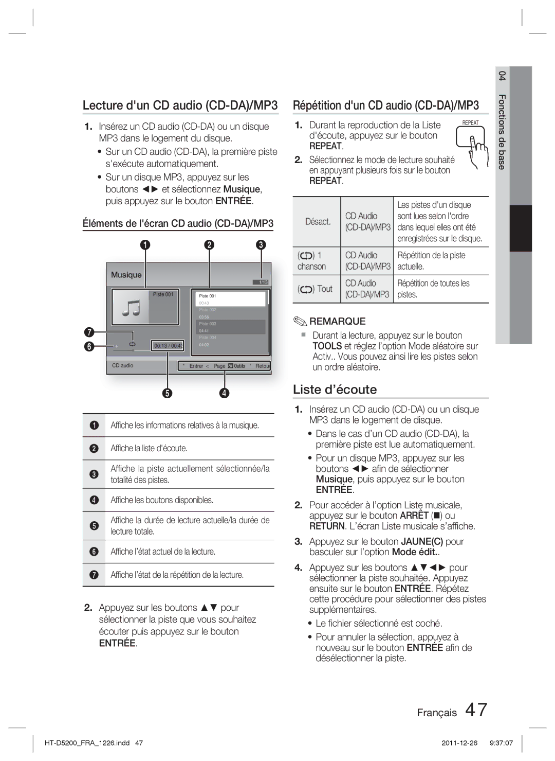 Samsung HT-D5200/ZF manual Lecture dun CD audio CD-DA/MP3, Liste d’écoute, Répétition dun CD audio CD-DA/MP3, Repeat 