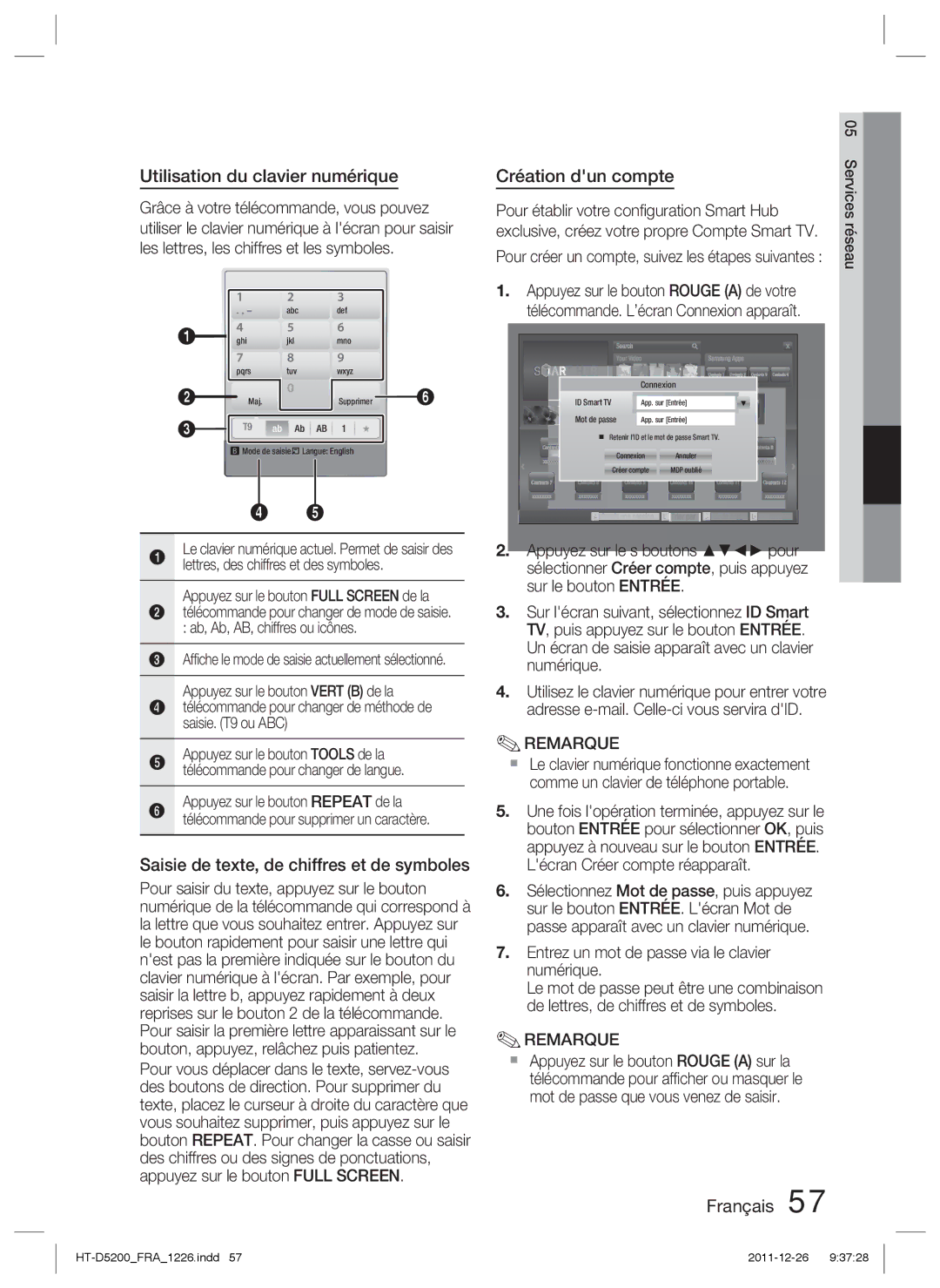 Samsung HT-D5200/ZF Utilisation du clavier numérique, Saisie de texte, de chiffres et de symboles, Création dun compte 