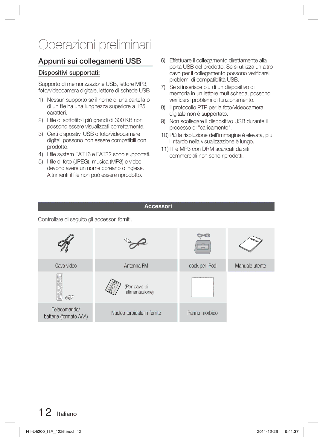 Samsung HT-D5200/ZF manual Appunti sui collegamenti USB, Dispositivi supportati, Accessori, Per cavo di alimentazione 