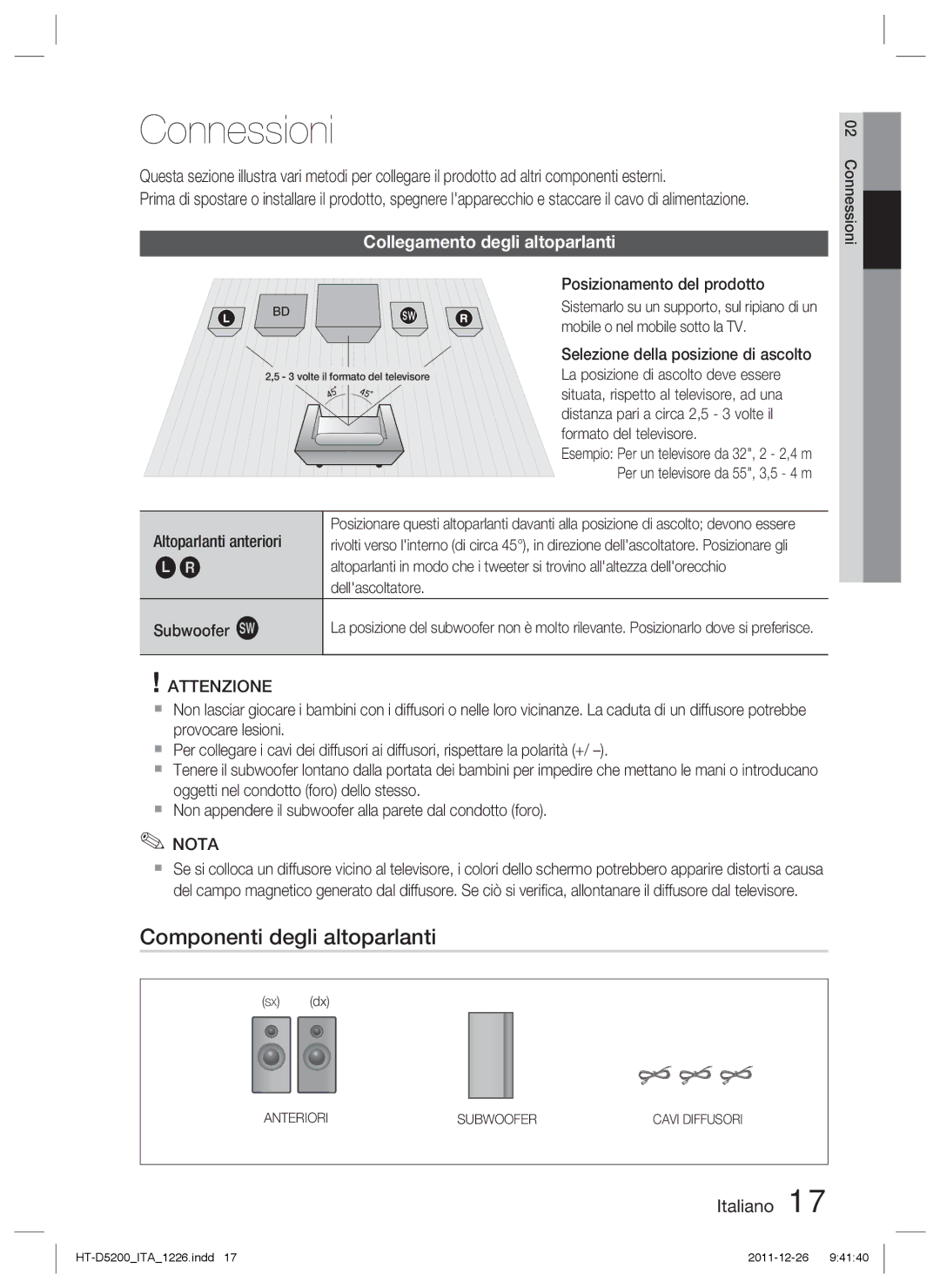 Samsung HT-D5200/ZF manual Connessioni, Componenti degli altoparlanti, Collegamento degli altoparlanti 