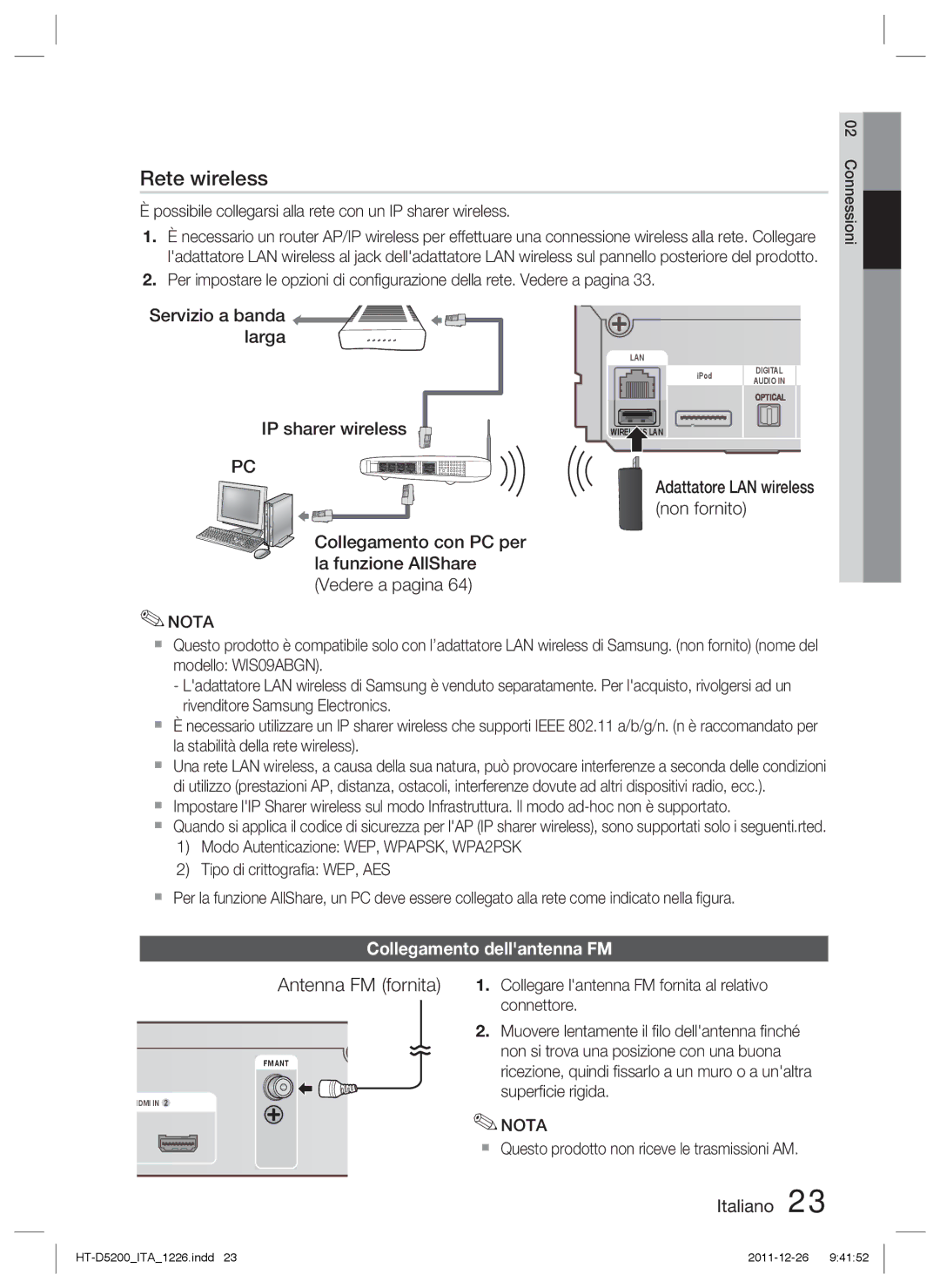 Samsung HT-D5200/ZF manual Collegamento dellantenna FM, Possibile collegarsi alla rete con un IP sharer wireless 