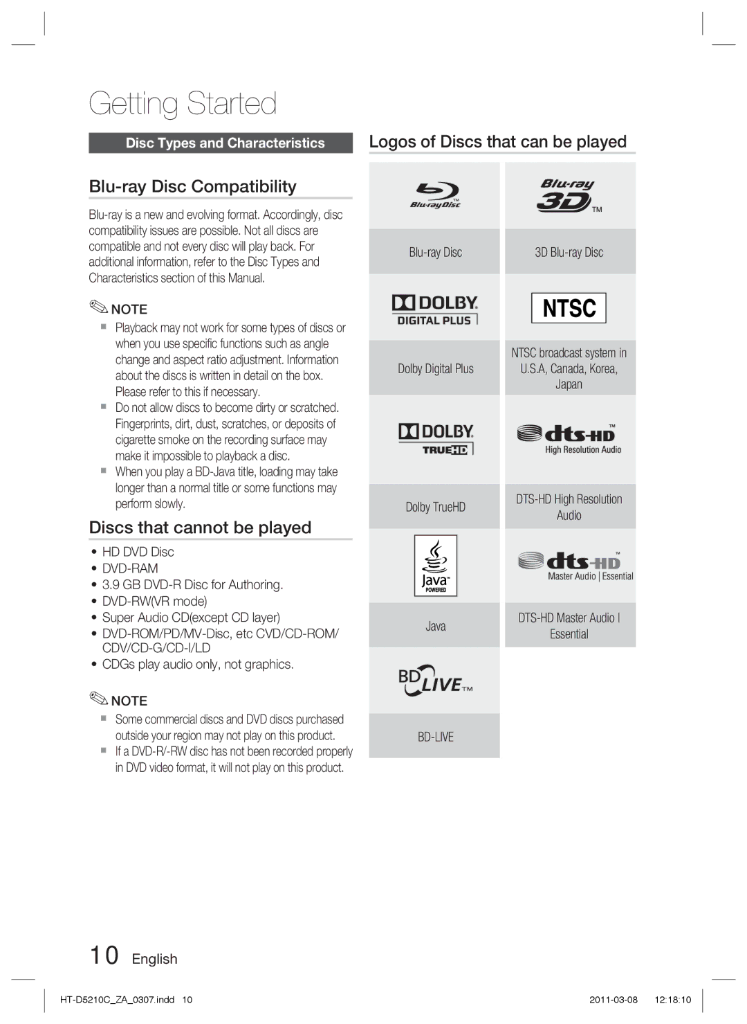 Samsung HT-D5210C Discs that cannot be played, HD DVD Disc, Dvd-Ram, Blu-ray Disc Dolby Digital Plus Dolby TrueHD Java 