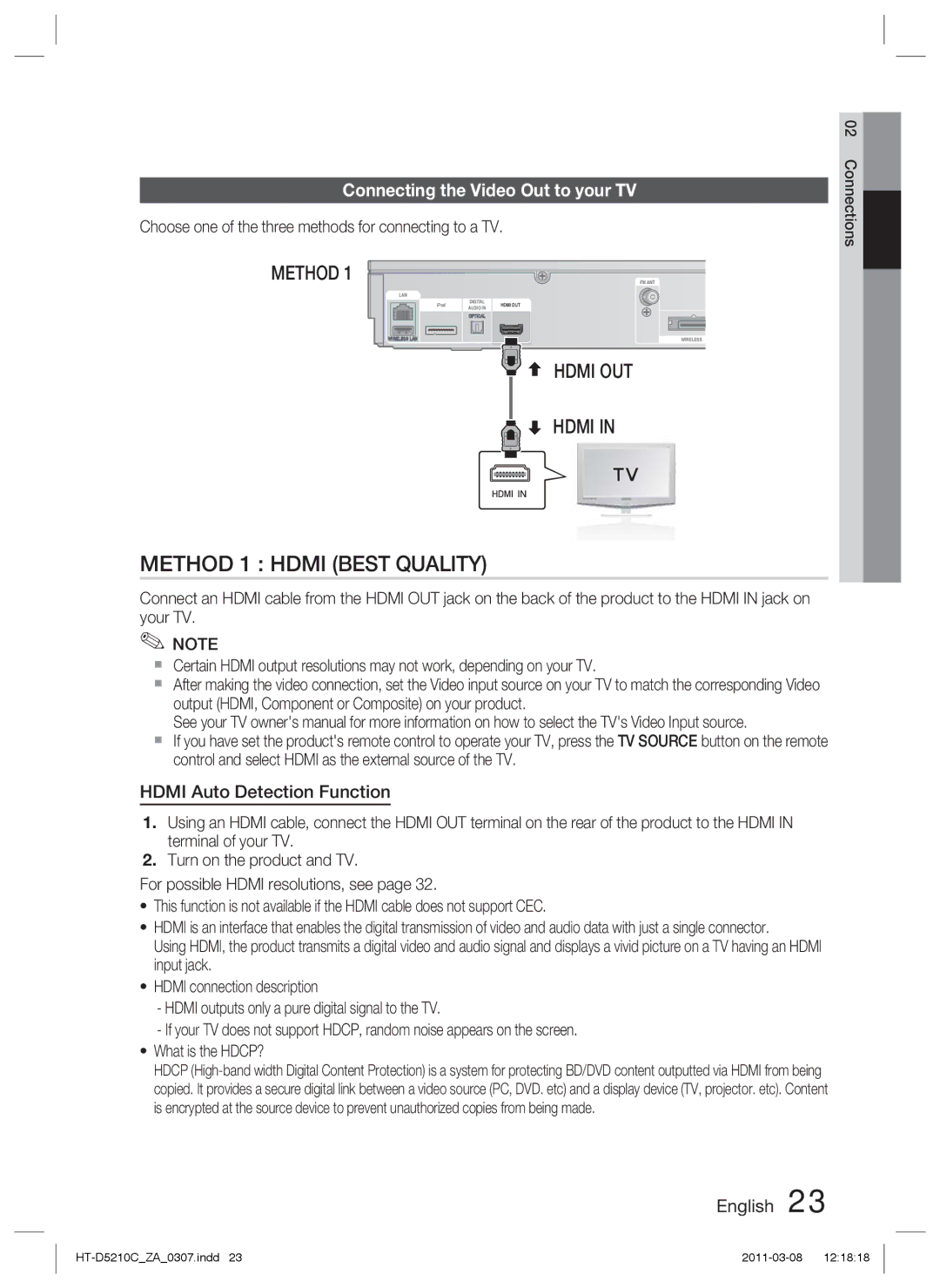 Samsung HT-D5210C user manual Connecting the Video Out to your TV, Hdmi Auto Detection Function 