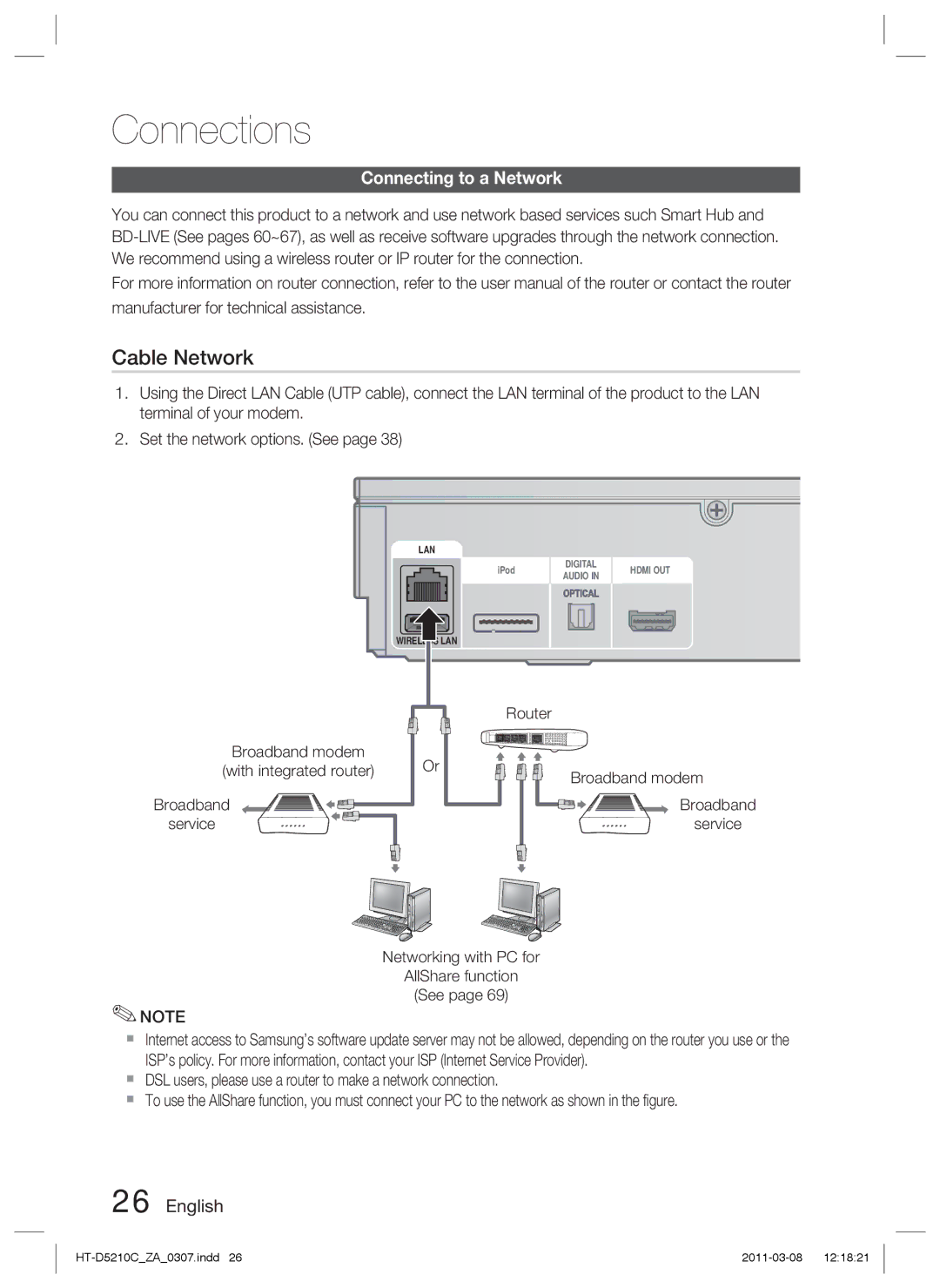 Samsung HT-D5210C user manual Cable Network, Connecting to a Network 